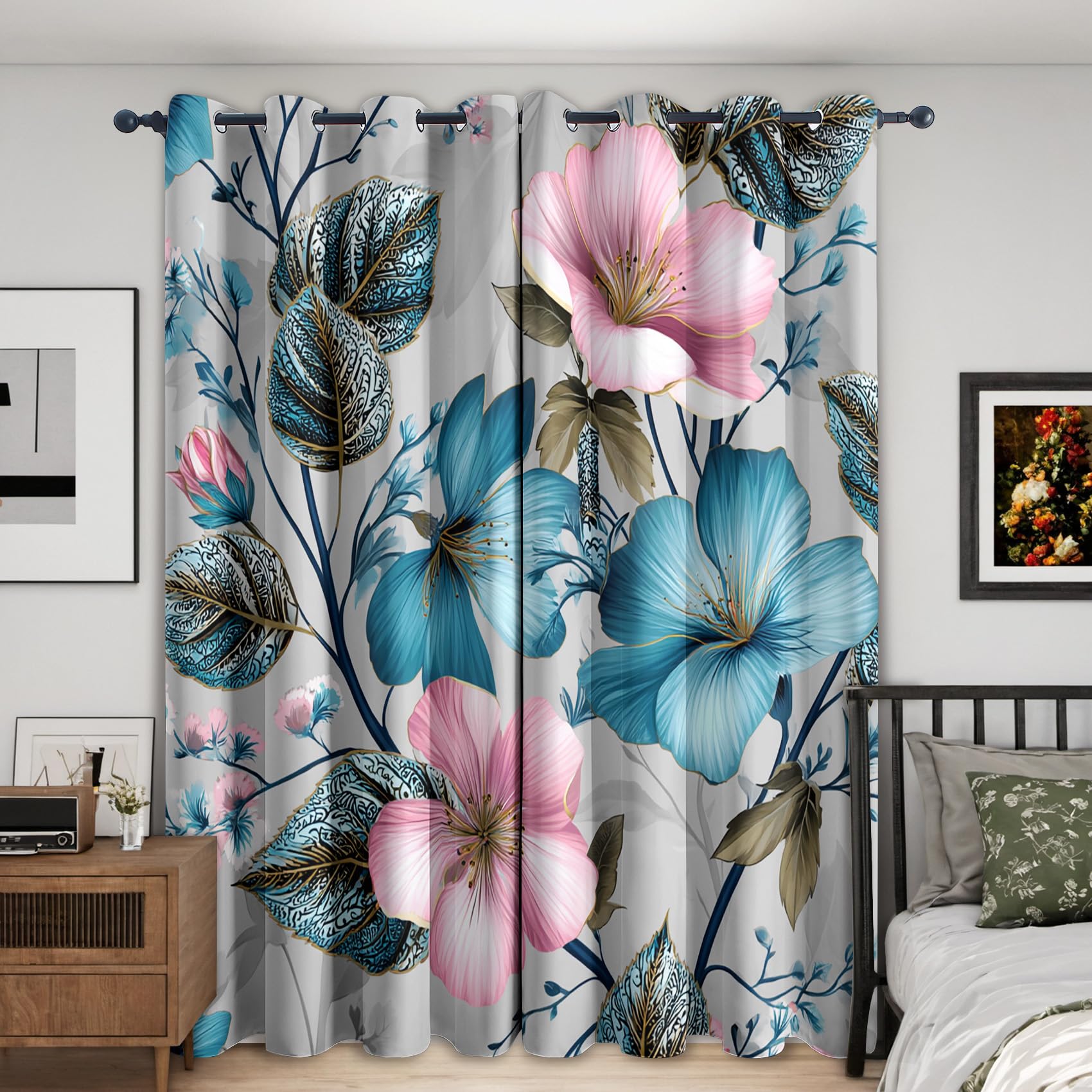 NIYAKA Boho Floral Blackout Curtains for Living Room, Tropical Flower Print Curtains for Bedroom, Thermal Insulated Eyelet Watercolor Botanical Window Treatments 62 Drop, 2 Panels Drapes (W52 x L62)