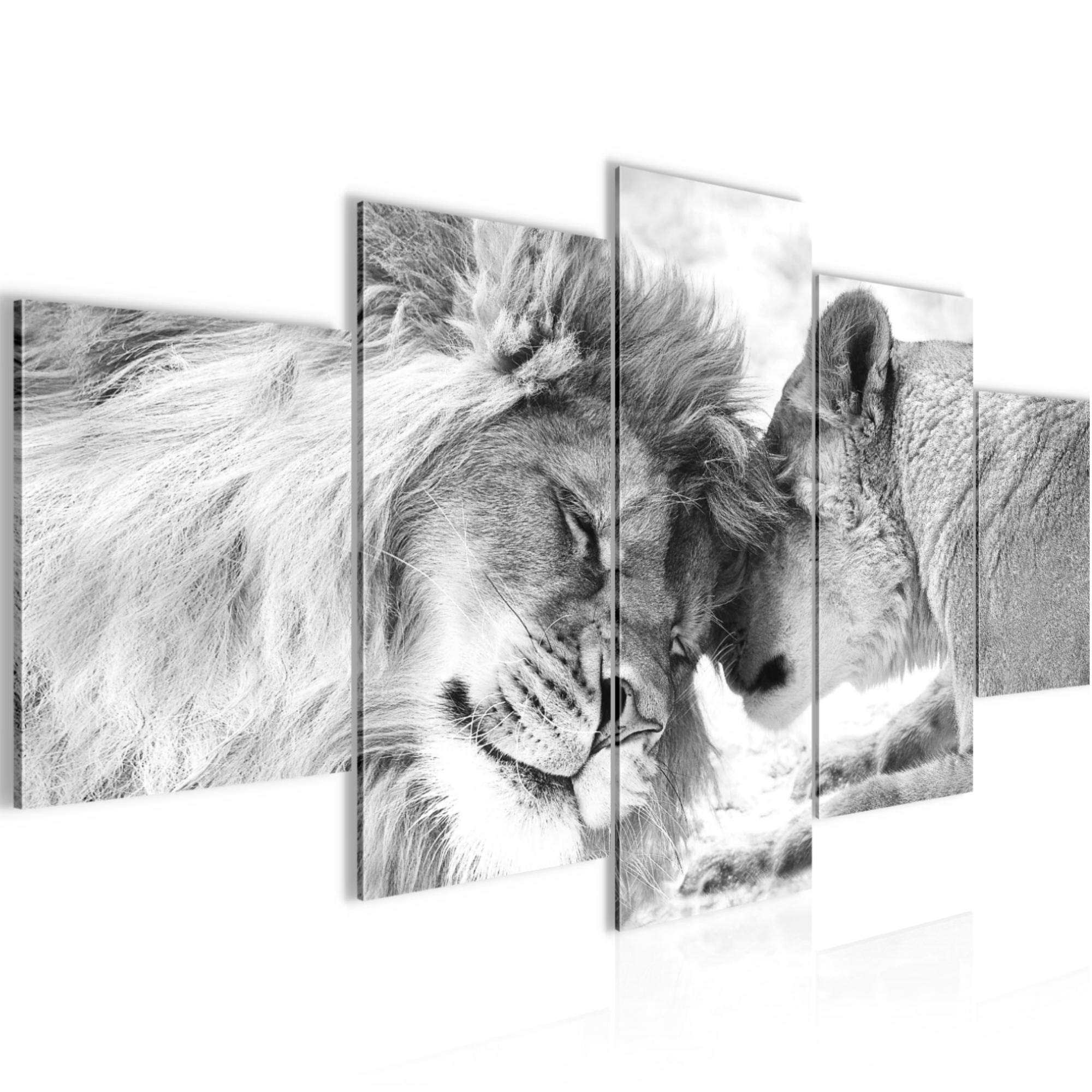 Runa Art - Cuadros Decorativos Leones Amor 200 x 100 cm 5 Piezas XXL Decoracion de Pared Diseño Negro Y Blanco 002151c