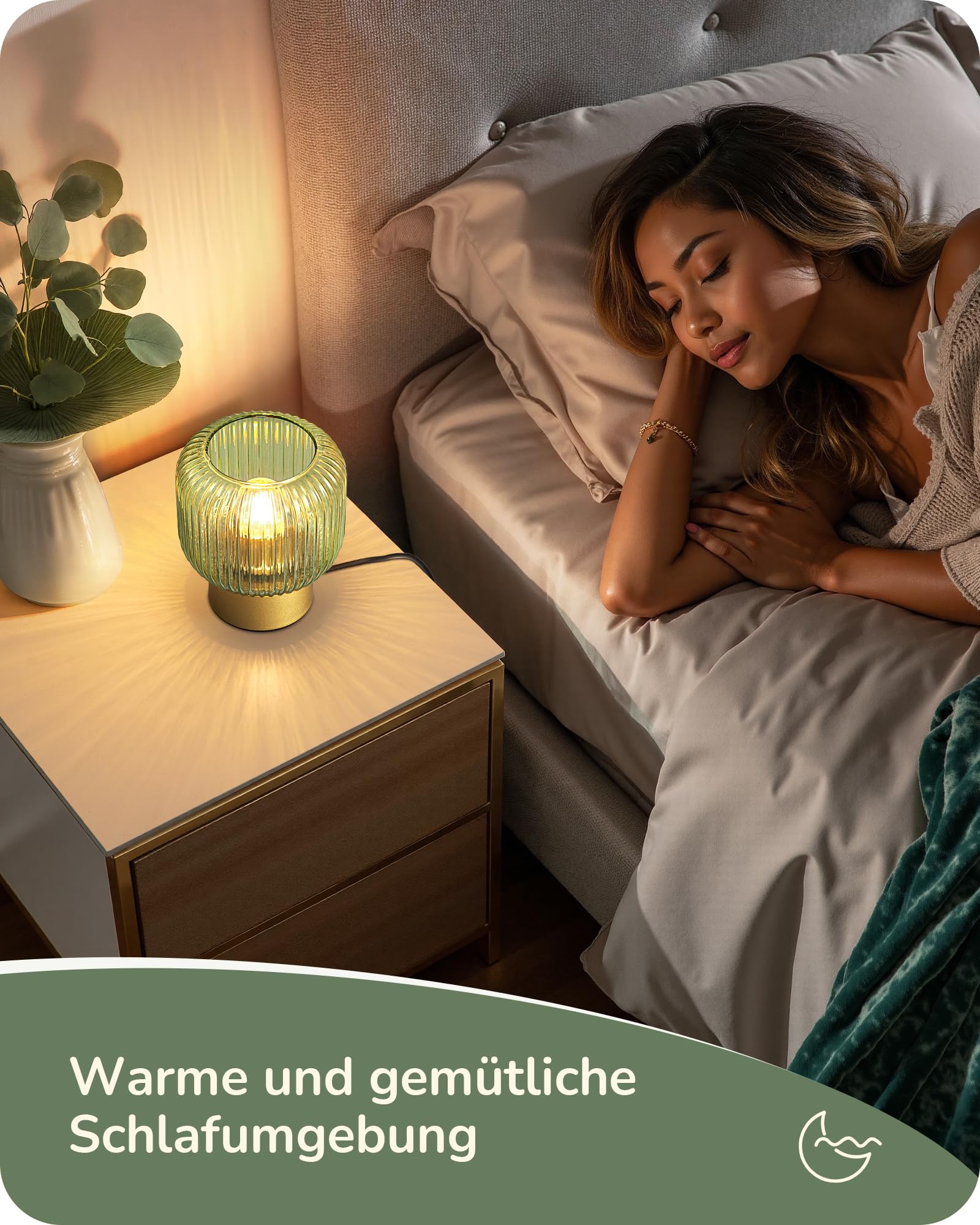 EDISHINE LED Tischlampe, Grüner Glasschirm & Goldfarbener Metallsockel, inkl. E27 LED-Lampe, 2700K Warmweiß, Moderne Nachttischlampe für Wohnzimmer, Schlafzimmer & Als Geschenk