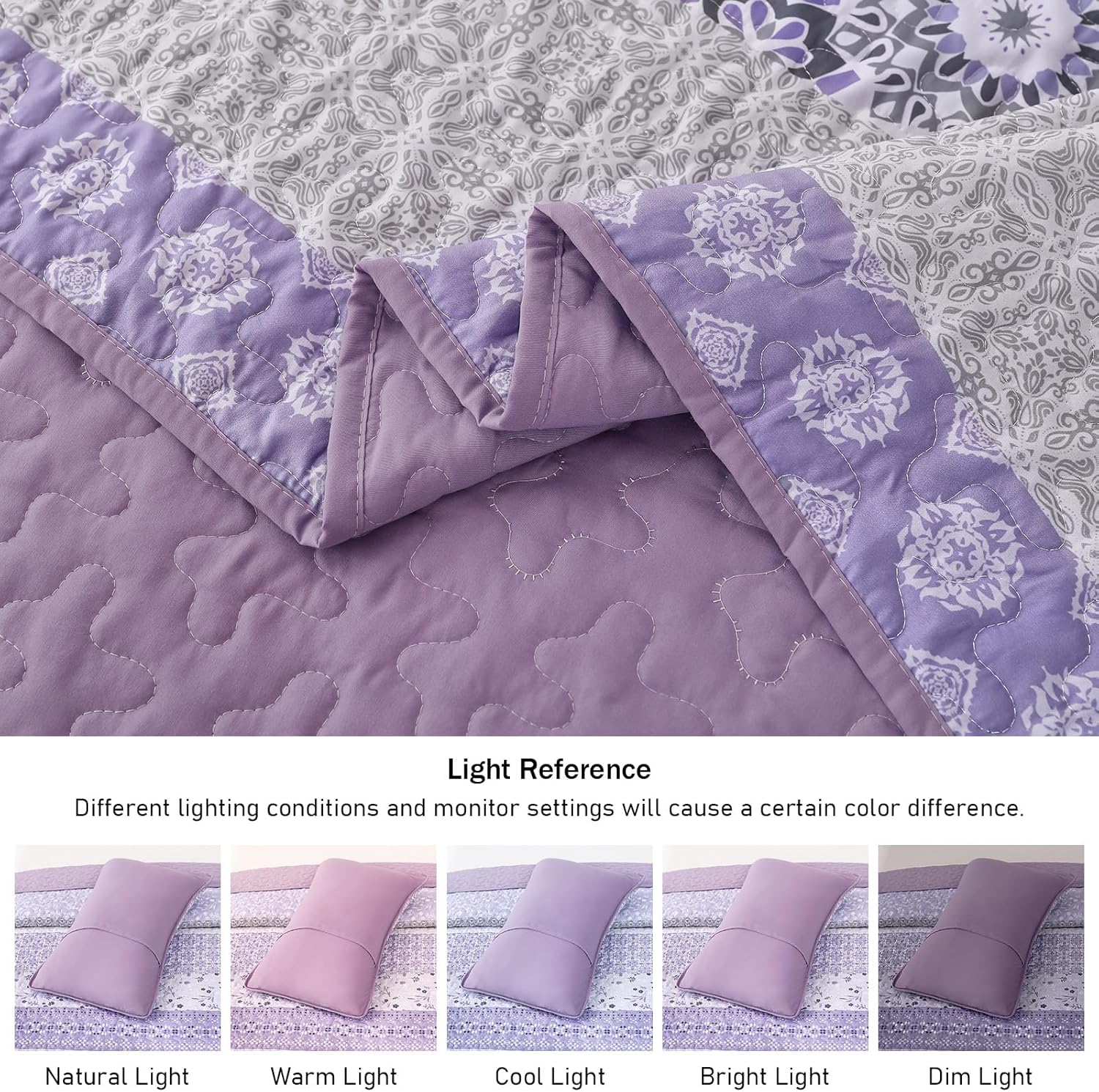 WONGS BEDDING Boho Quilt Set Queen Size,Lavender Purple Bohemian Striped Patchwork Bedspread Set,3 Pieces Microfiber Bedding Set for All Seasons (96"x90") - Image 6