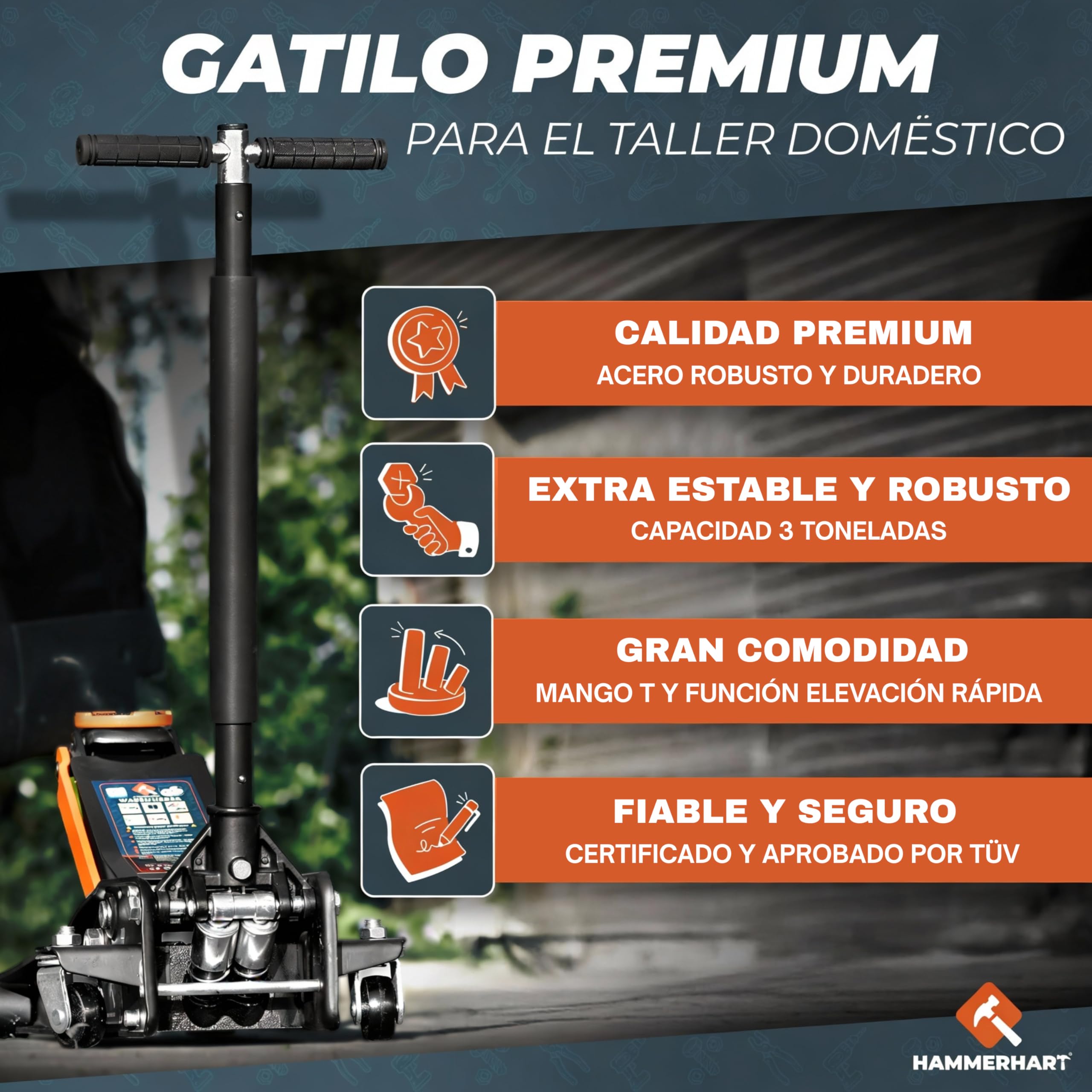 Gato hidraulico para Coche 3T | Gato Coche de maniobra homologado por TÜV con Altura de elevación de 75-505 mm | Gato hidráulico Premium con Ruedas de 360° y pistón Doble | Gato con Soporte de Goma y