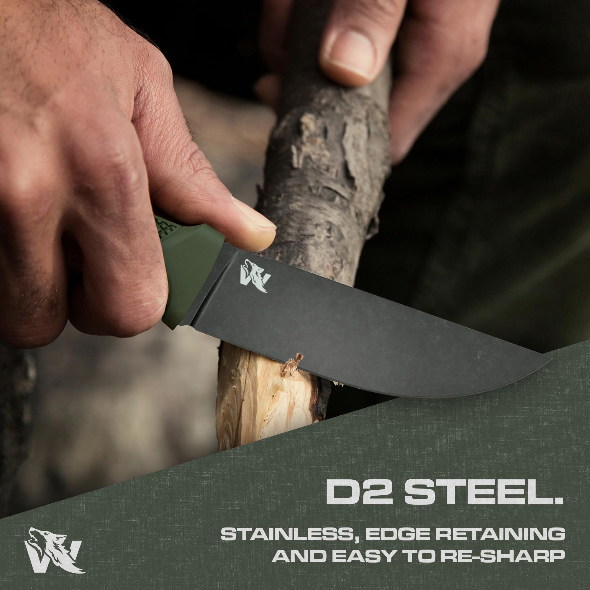 ODENWOLF W-FLAT Full Tang Survival Knife with Sheath - Stylish Tactical Fixed Blade - Made of D2 Steel - Bushcraft and Camping Knife Survival - Perfect EDC Hunting Knife with TPE Handle