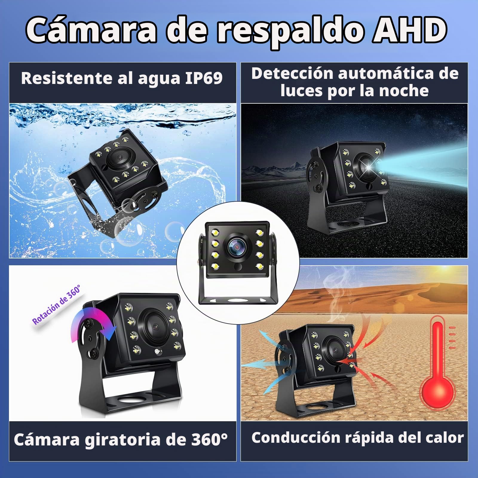CAMECHO Cámara Trasera und Monitor-Kit para 12V-24V Coche, 8" LCD Monitor 2 Divisiones Camaras, IP69 Cámara + 65,6 Pulgadas Cable de Extensión