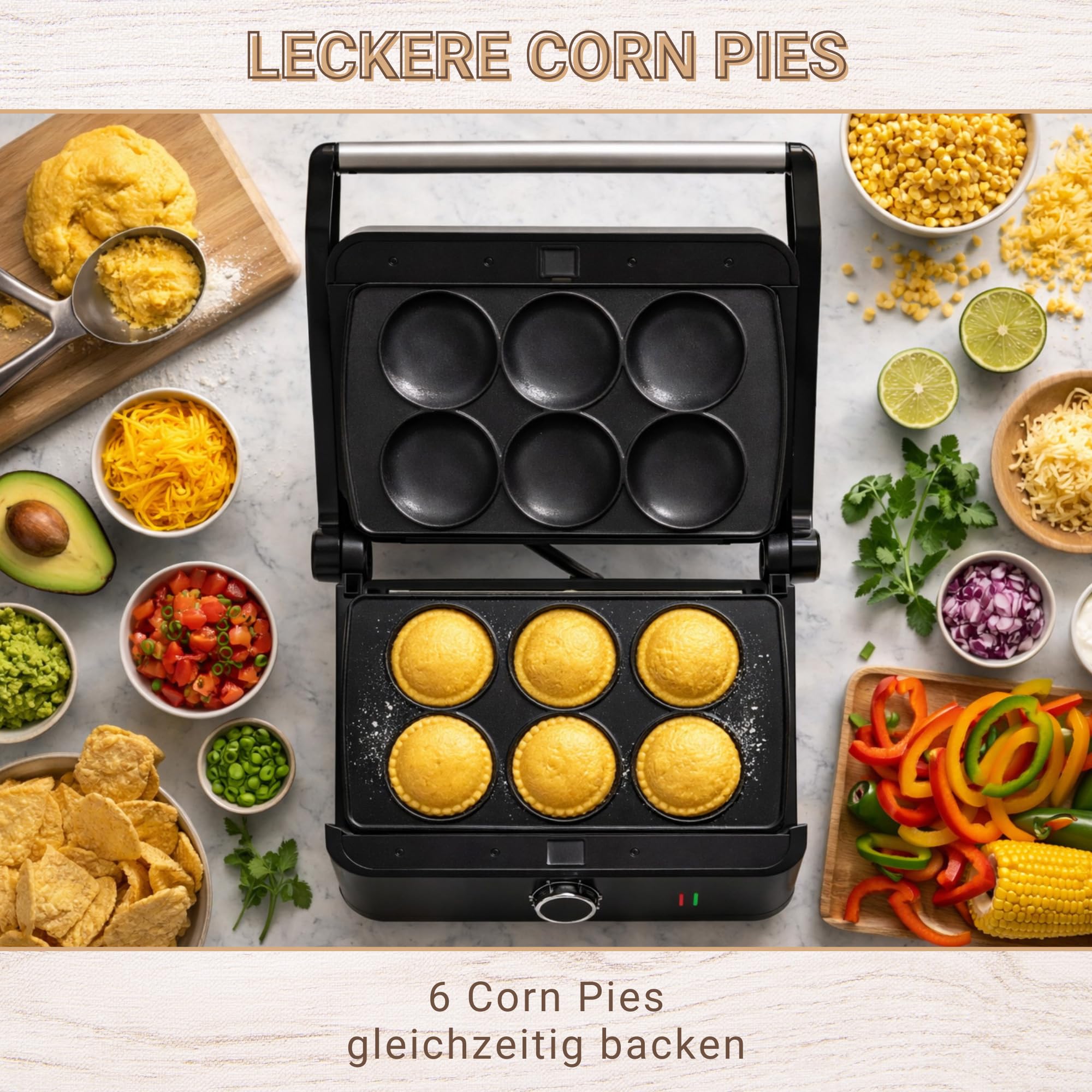 Syntrox SM-1000W Toledo Corn Pie Maker elektrisch – Snack Bäcker für gefüllte Teigtaschen – Antihaft Corn Pie Platten – schnelles Aufheizen – kompakter Küchenmaker