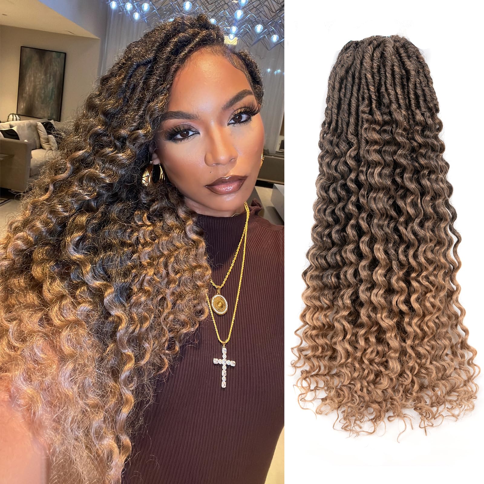 Toyotress Deep Wave Locs Crochet Hair - 22 Inch 8 Packs Curly Faux Locs Crochet Hair, Ombre Blonde Ocean Wave Locs Pre-Looped Long Soft Locs Braiding