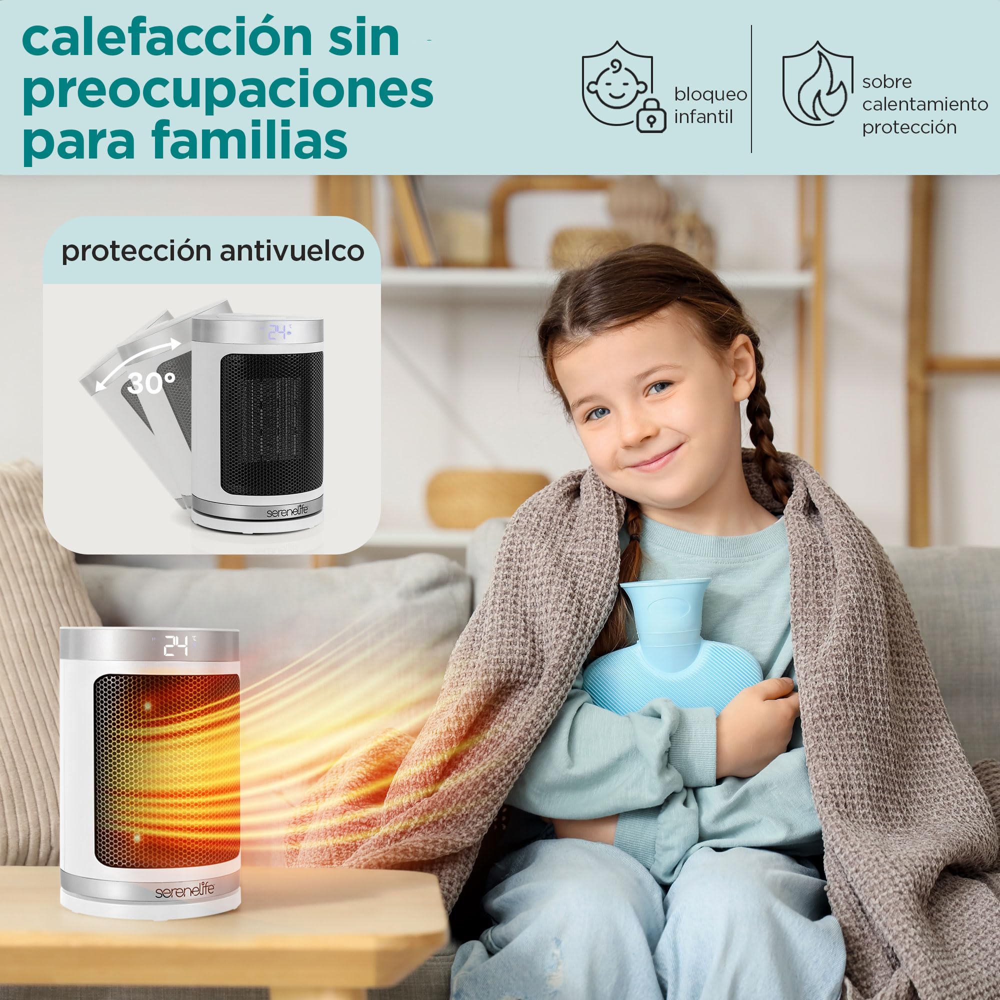 SereneLife Calefactor Eléctrico Cerámico PTC 1500W, Eficiencia Energetica, WiFi  Via Aplicacion Movil, Termostato Digital, Control Remoto, Temporizador de 12 Horas