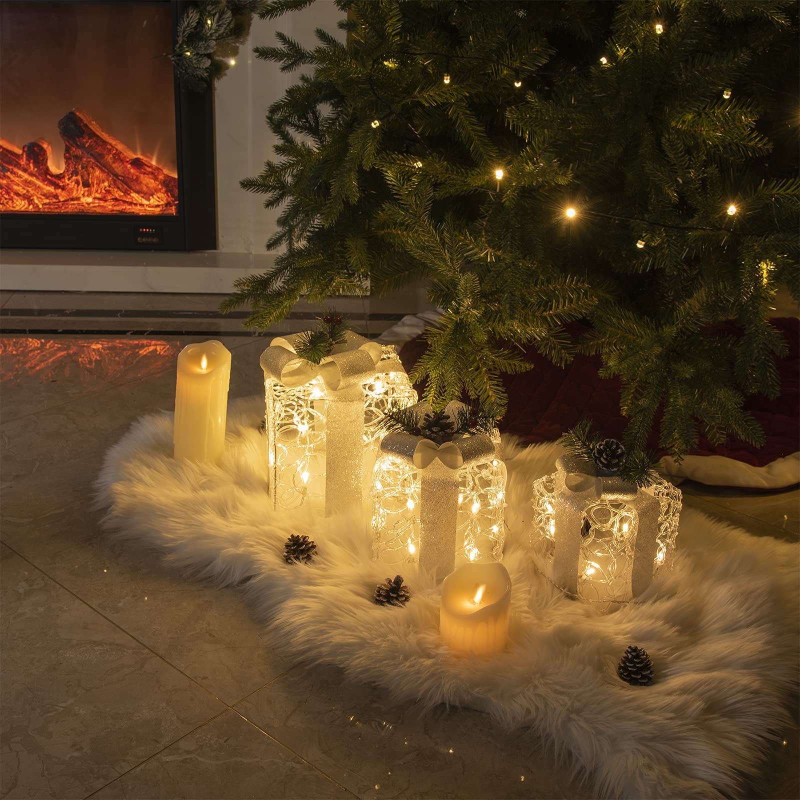 Lot de 3 boîtes de décoration de Noël LED blanches en acrylique pour l'intérieur et l'extérieur au sapin de Noël