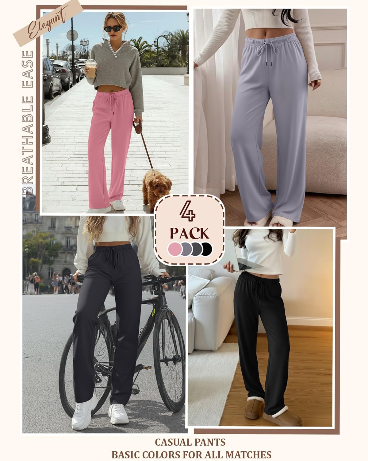 4 Pack Women's Lounge Pants Wide Leg Loose Casual Yoga Pants Elastic Waist Drawstring Sweatpants with Pockets - Image 3