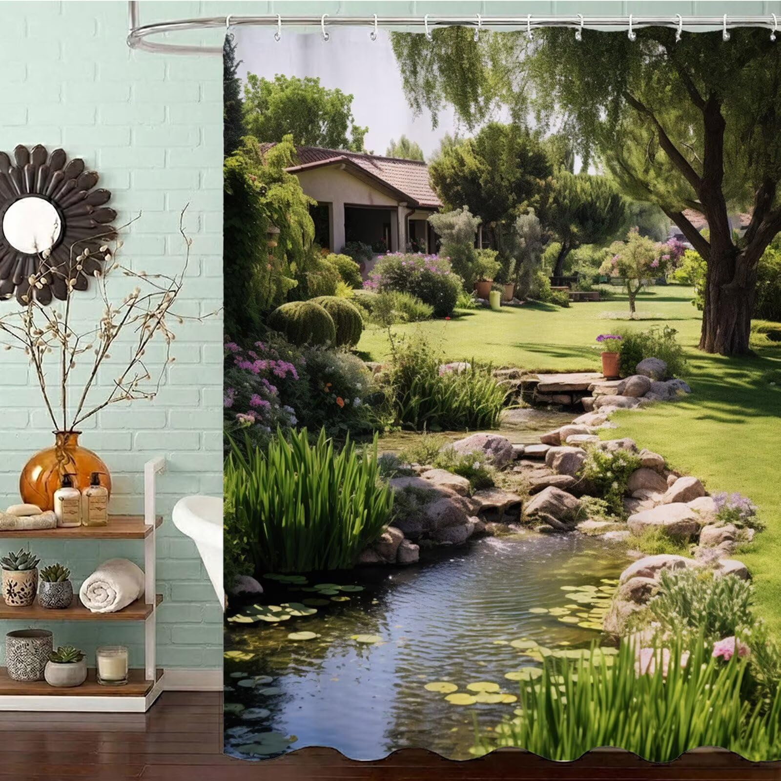 Duschvorhang 200x240 cm Anti Schimmel - Sommer Design - Wasserdicht & Waschbar Schnelltrocknender Polyester Stoff - Inkl. 12 Ringe und Gewicht Shower Curtain für Badezimmer, Bauernhaus J8-609