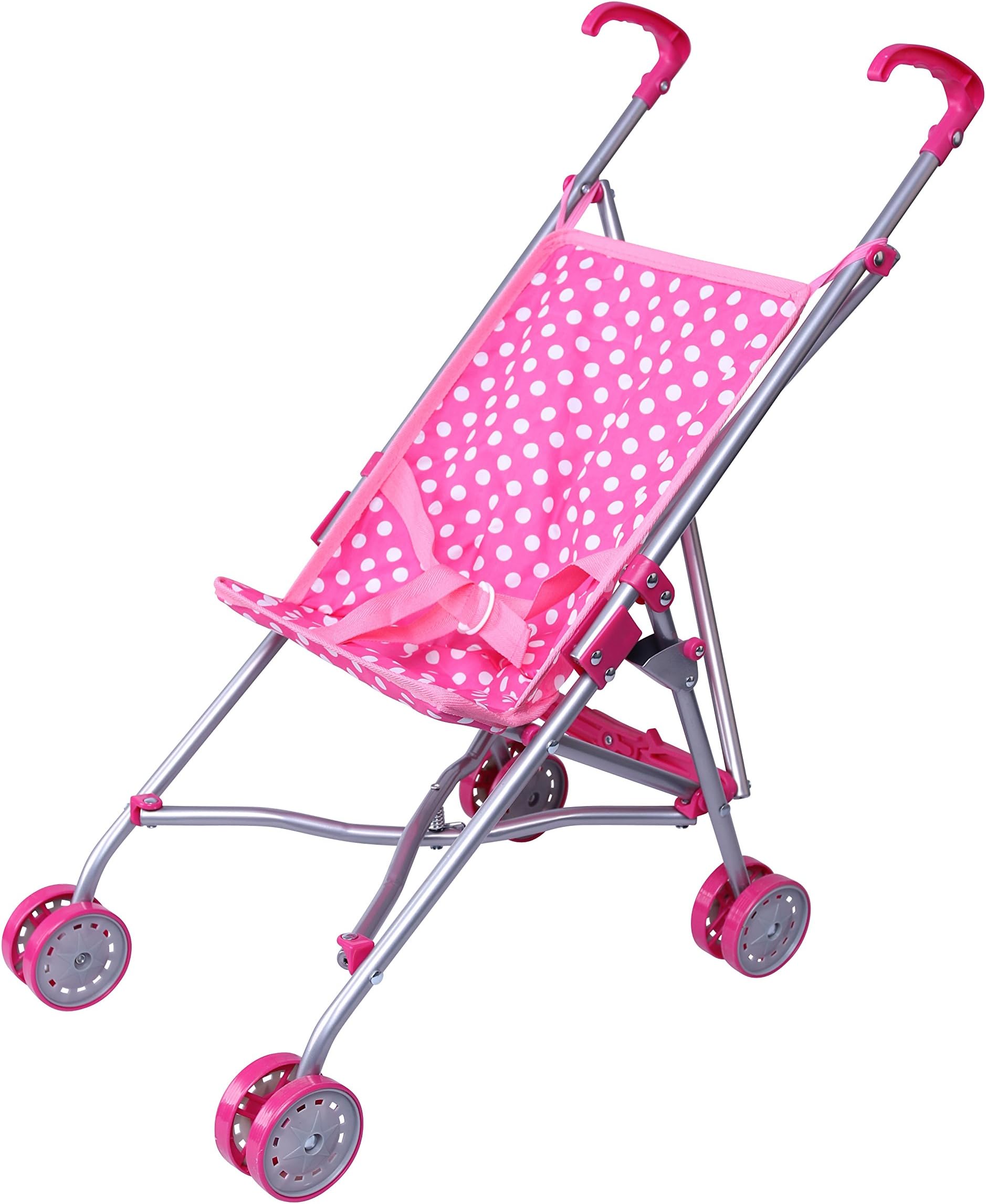 Click N' Play Precious Toys Pink and White Polka Dots Umbrella Doll Stroller with Hot Pink Handles and Silver Frame - 0128B