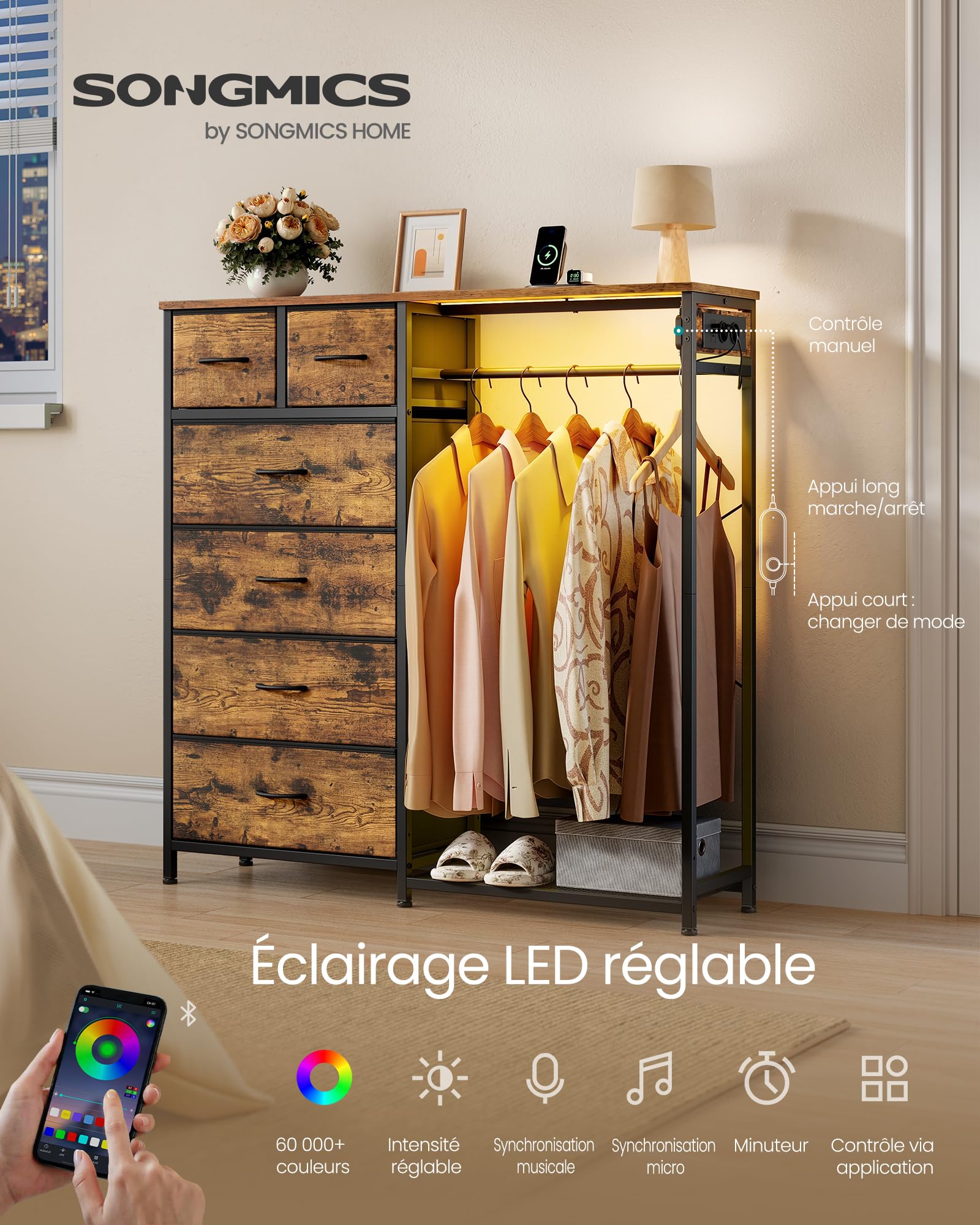 SONGMICS Portant à Vêtements avec 6 Tiroirs, Vestiaire avec Éclairage LED et Prises, Étagère à Chaussures, pour Chambre et Entrée, 102,7 x 35 x 117,6 cm, Marron Rustique, Collection BELLAH LGS523K102