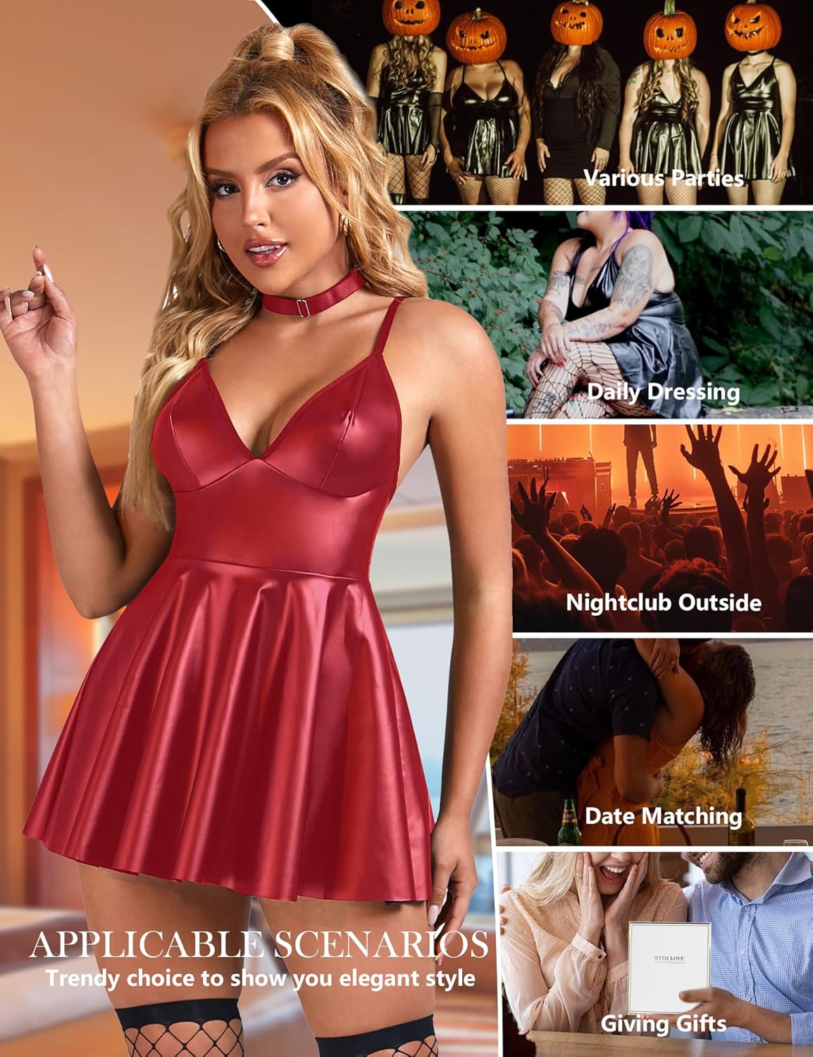 ohyeah Faux Leather Lingerie Set for Women Plus Size PU Lingerie V Neck Backless Babydoll Chemise Mini Lingerie Dress - Image 5