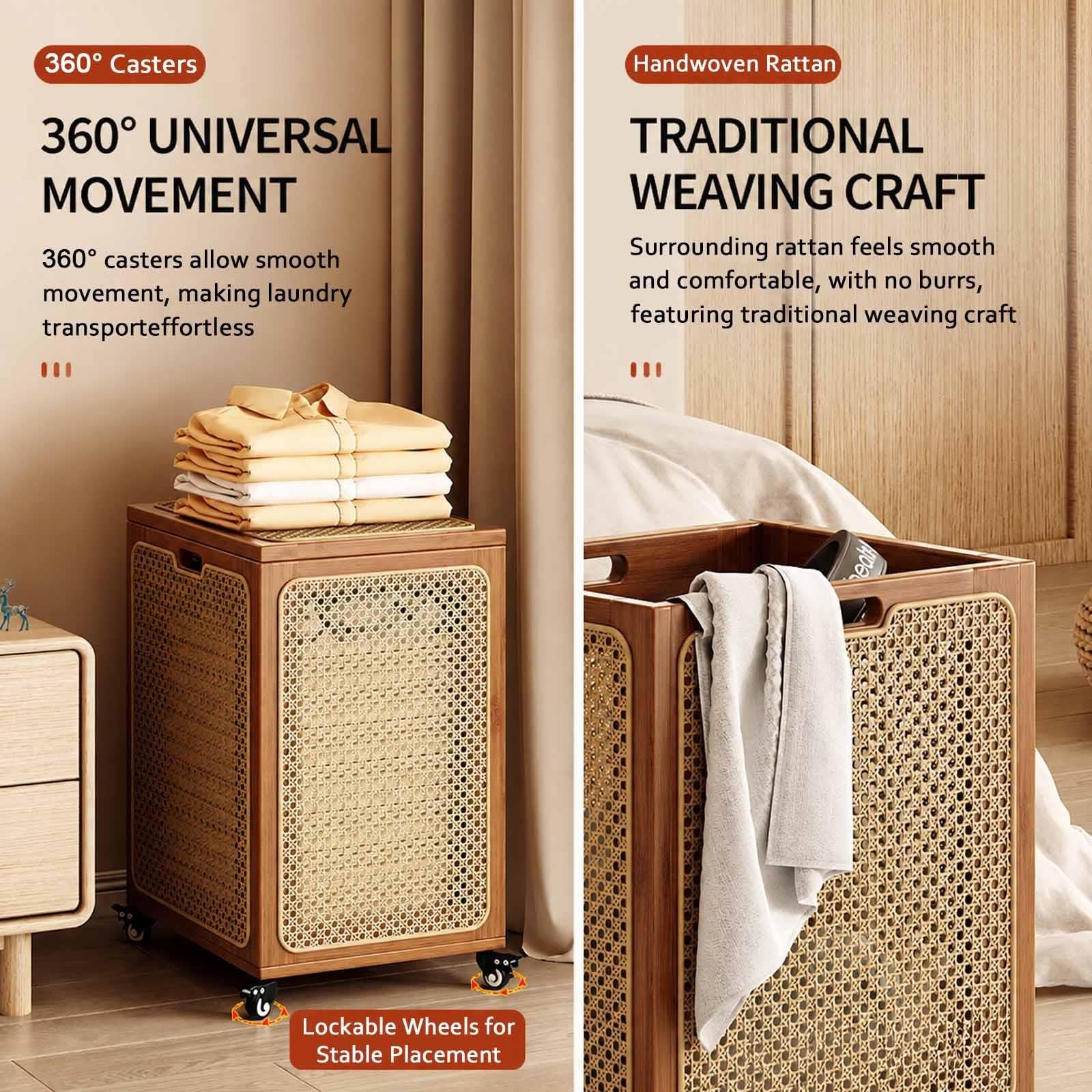 Cesto Portabiancheria Sporca In Rattan Con Ruote Girevoli 360°