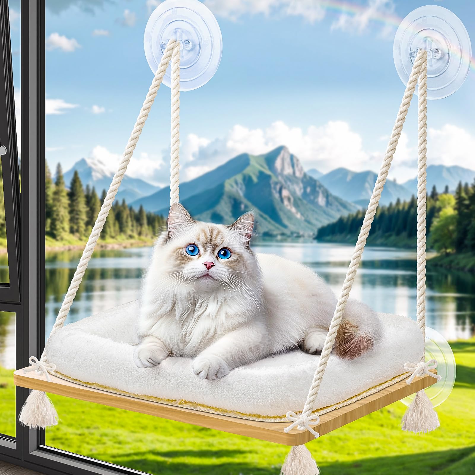 Hamaca para ventana de gato, asiento de ventana para gato con funda de cama, asiento de madera maciza con ventosas fuertes, cama colgante para gatos pequeños y medianos de interior