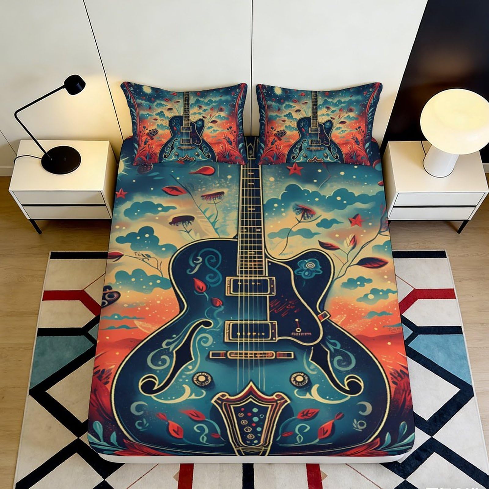 3D Printed Guitar Sunset Fitted Sheet Microfiber Soft Vibrant Blue Bed Cover for Bedroom Dorm Mattress Protection Decor 90x200x25cm