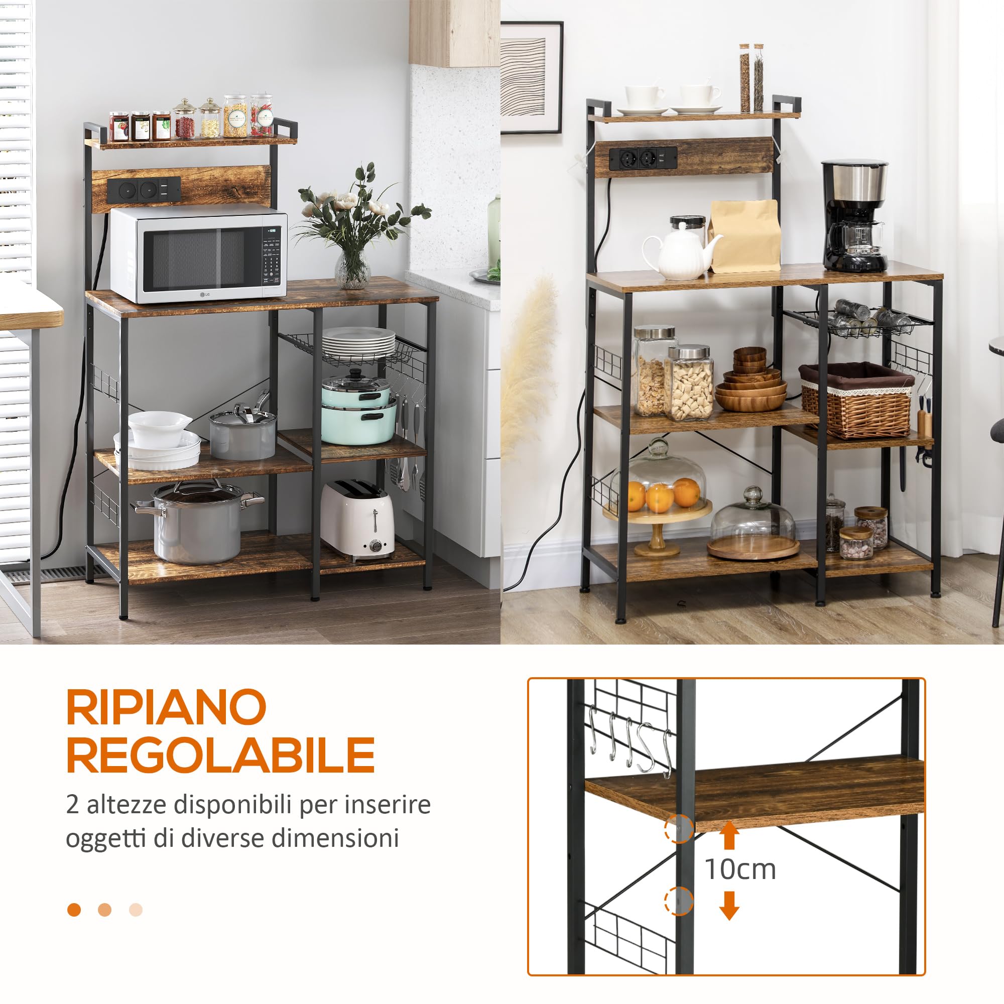 HOMCOM Scaffale da Cucina con Multipresa, Mobile Cucina per Microonde con Ripiani e Cestino a Rete Stile Industriale, 90x42x130cm, Marrone