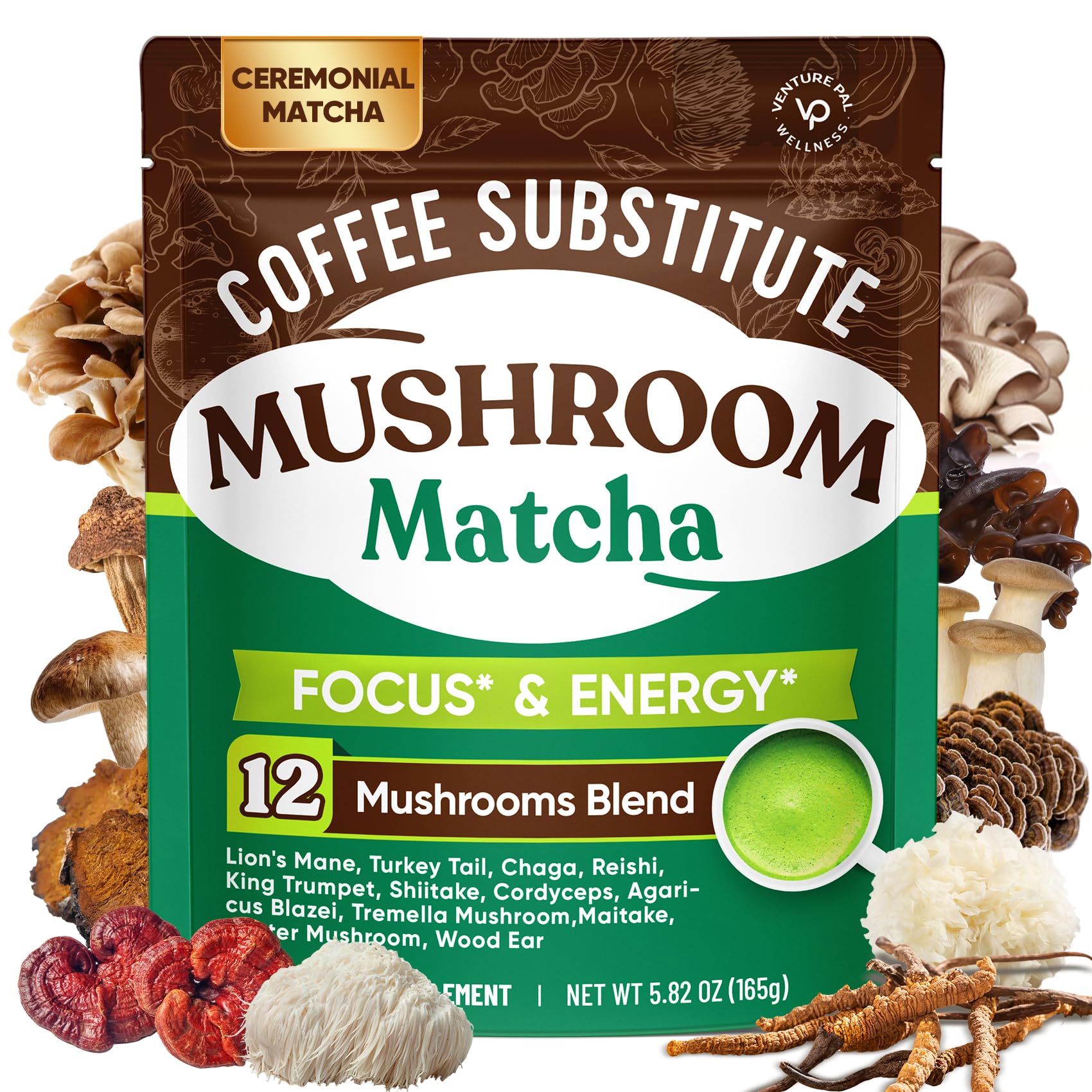 Venture Pal SUPERFOODS Mushroom Matcha Powder 12 Adaptogenic Mushroom Coffee Alternative with 1 5B Probiotics L-Theanine First Harvest