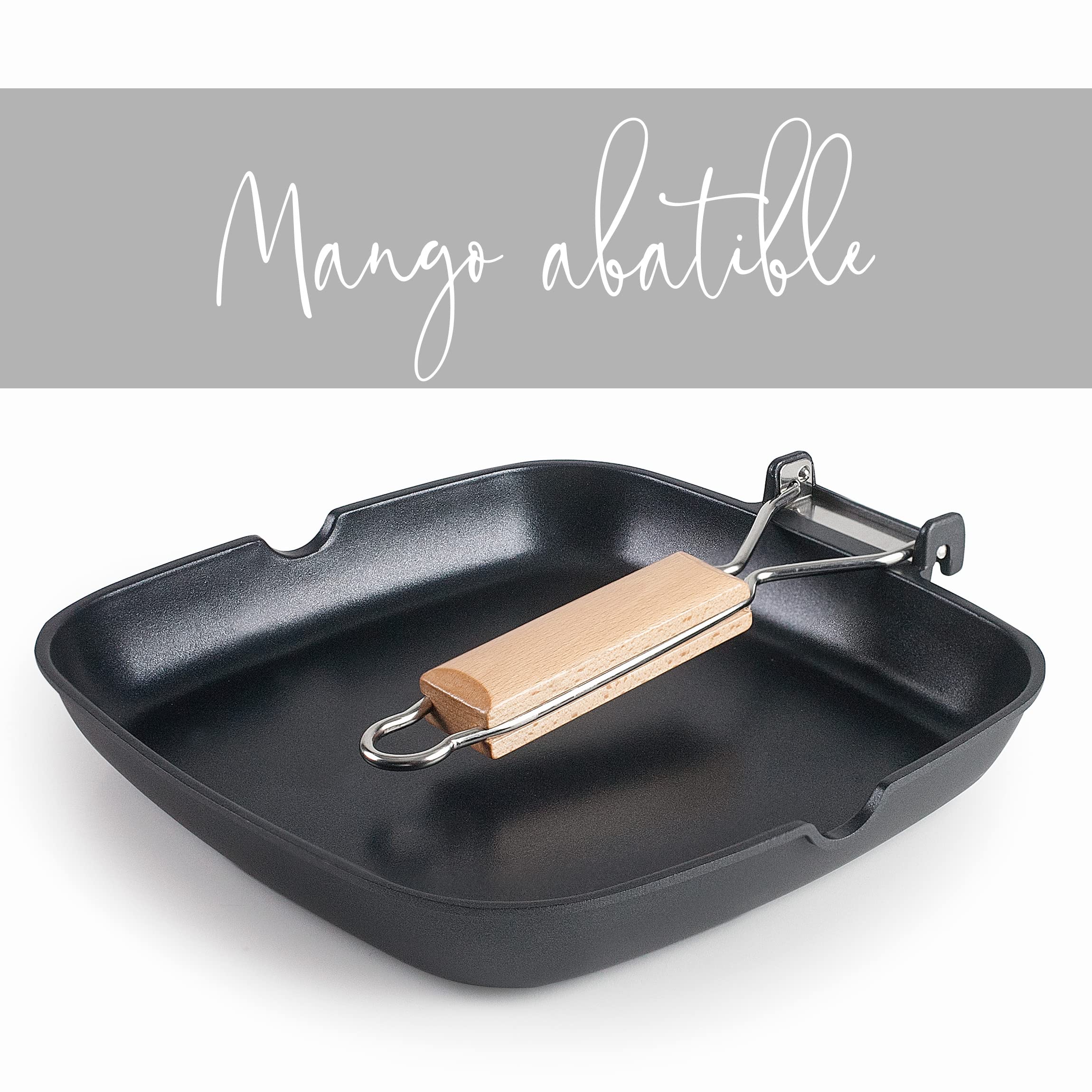 Lacor - 25158 - Gładka Patelnia Z Odlewu Aluminiowego, Podwójna Warstwa Nieprzywierająca, Składany Uchwyt Z Drewna Dębowego, Pełny Spód Indukcyjny, Nadaje Się Do Indukcji, 28 X 28 X 3,8 Cm, Czarny