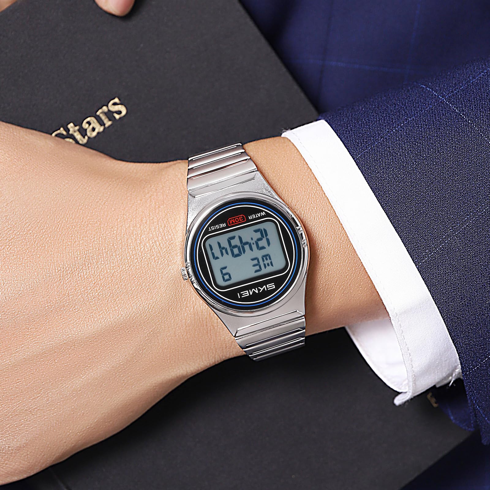 Gosasa Reloj digital retro ultrafino para hombre y mujer, resistente al agua, acero inoxidable 30 m, reloj de cuarzo informal con retroiluminación LED, alarma, cronómetro