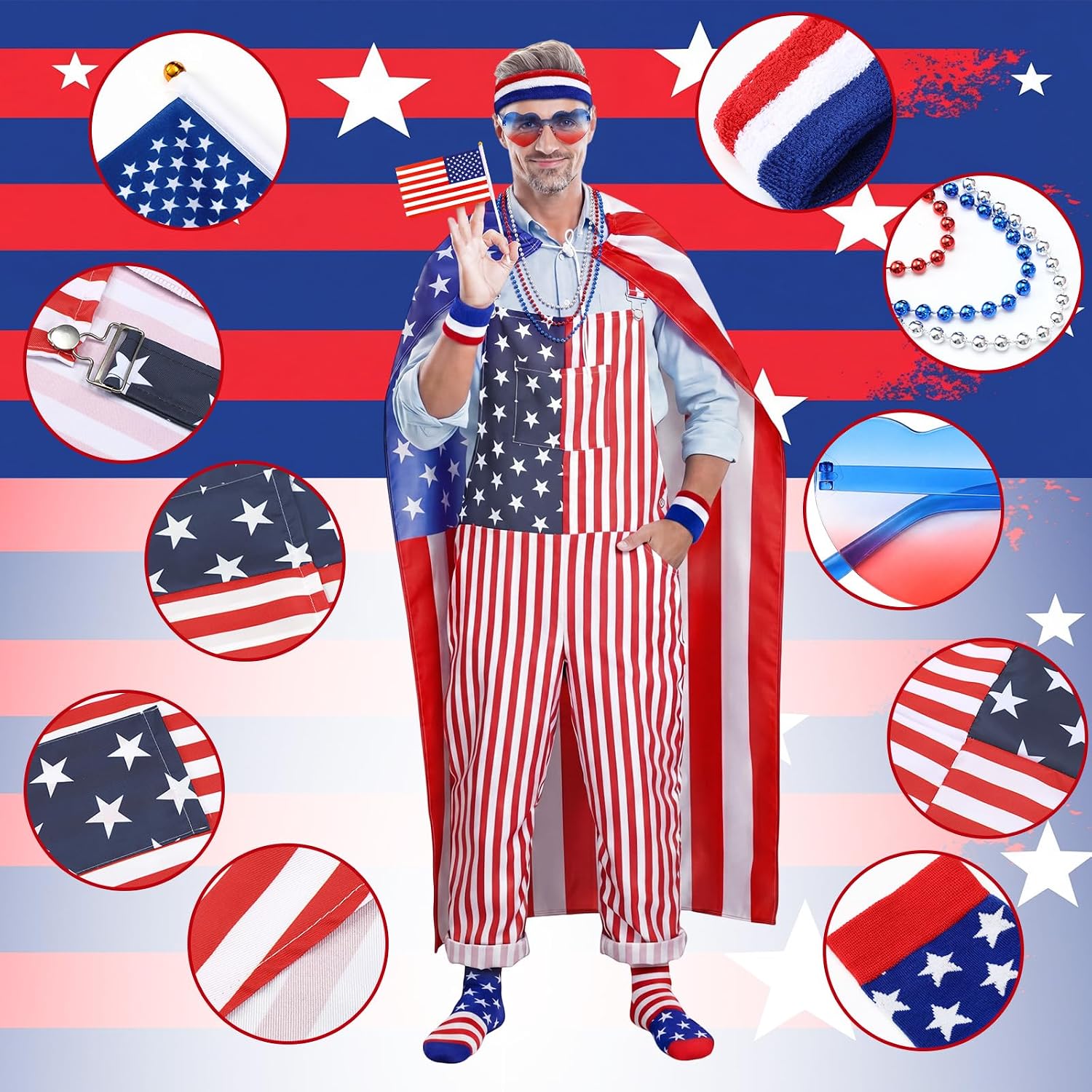 Yahenda 14 Pcs American Flag Costume Patriotic USA Overalls Adjustable Straps 4th of July Outfit Red White and Blue Accessories American Flag Overalls Cape Socks for Independence Day 250th Anniversary