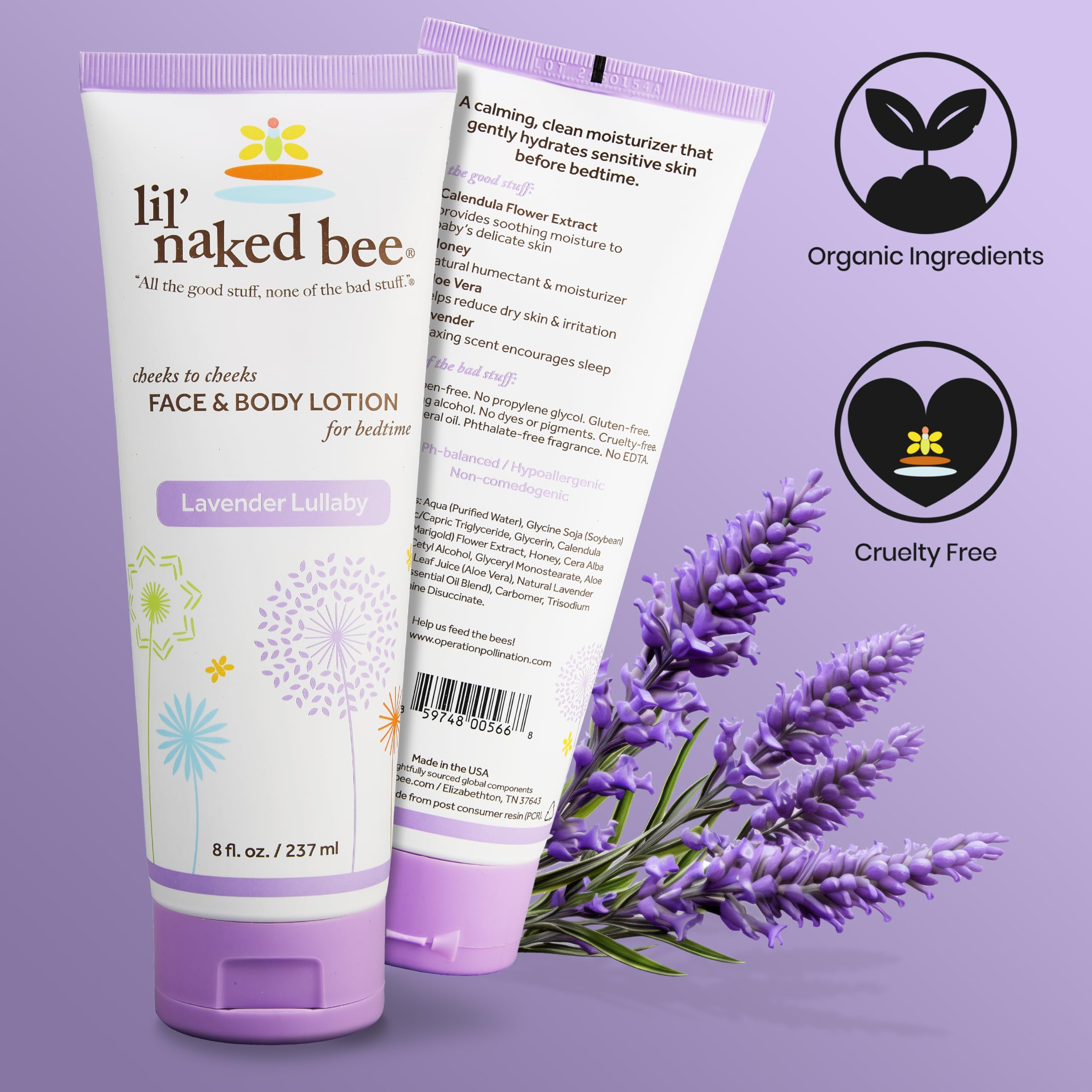 The Naked Bee Lil Naked Bee Babylotion für Kinder (8 Oz) Lavender Lullaby Cheeks To Cheeks für Gesicht und Körper, um die Haut mit Feuchtigkeit zu versorgen und zu befeuchten