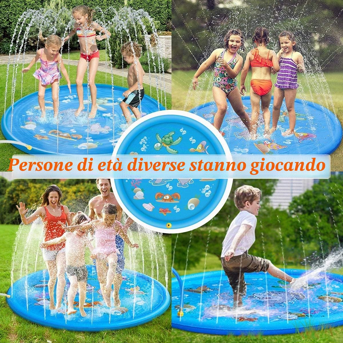 KAHEIGN 170CM Tappetino da Gioco con Spruzzi D'acqua, Delfino Tartaruga Stelle Marine Modello Granchio Pad Irrigatore Giocattoli D'acqua Spray per Esterni da Giardino Estivo per Attività Per Famiglie