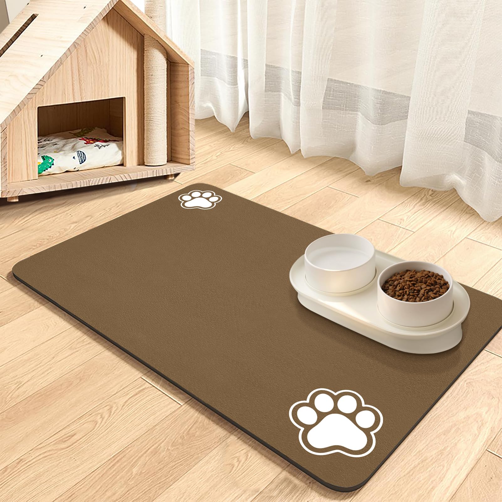 Pet Feeding Mat-Absorbent Pet Placemat for Food and Water Bowl, No Stains Quick Dry Dog Cat Food bowl Mat with Waterproof Rubber Rubber Backing (Brown-2 Paws, 30 x 50 cm)