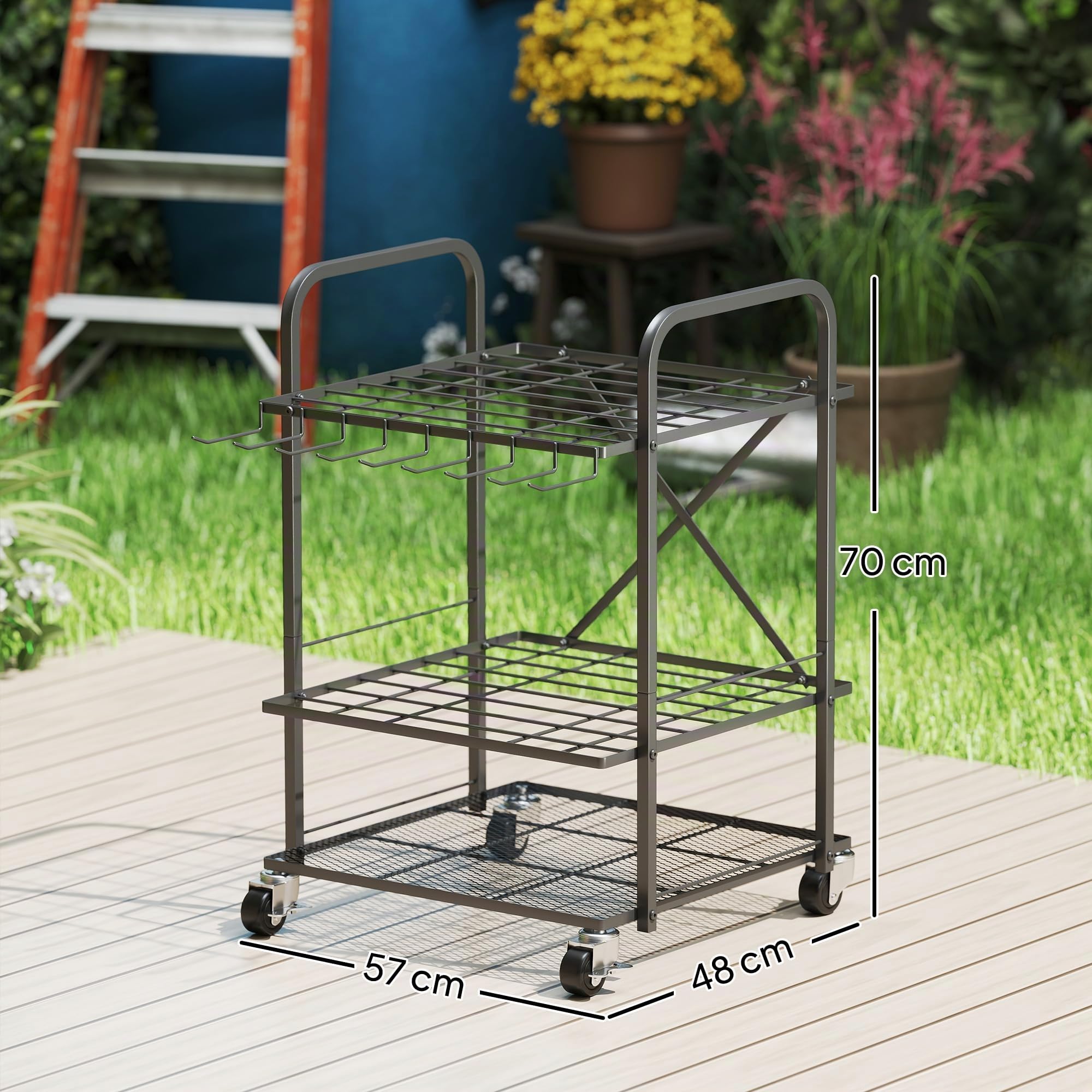 Outsunny Organizzatore di attrezzi da giardino con 9 ganci, porta attrezzi da giardino a 40 scomparti, porta attrezzi da garage in metallo su rotelle per forbici, vanghe, rastrelli, nero