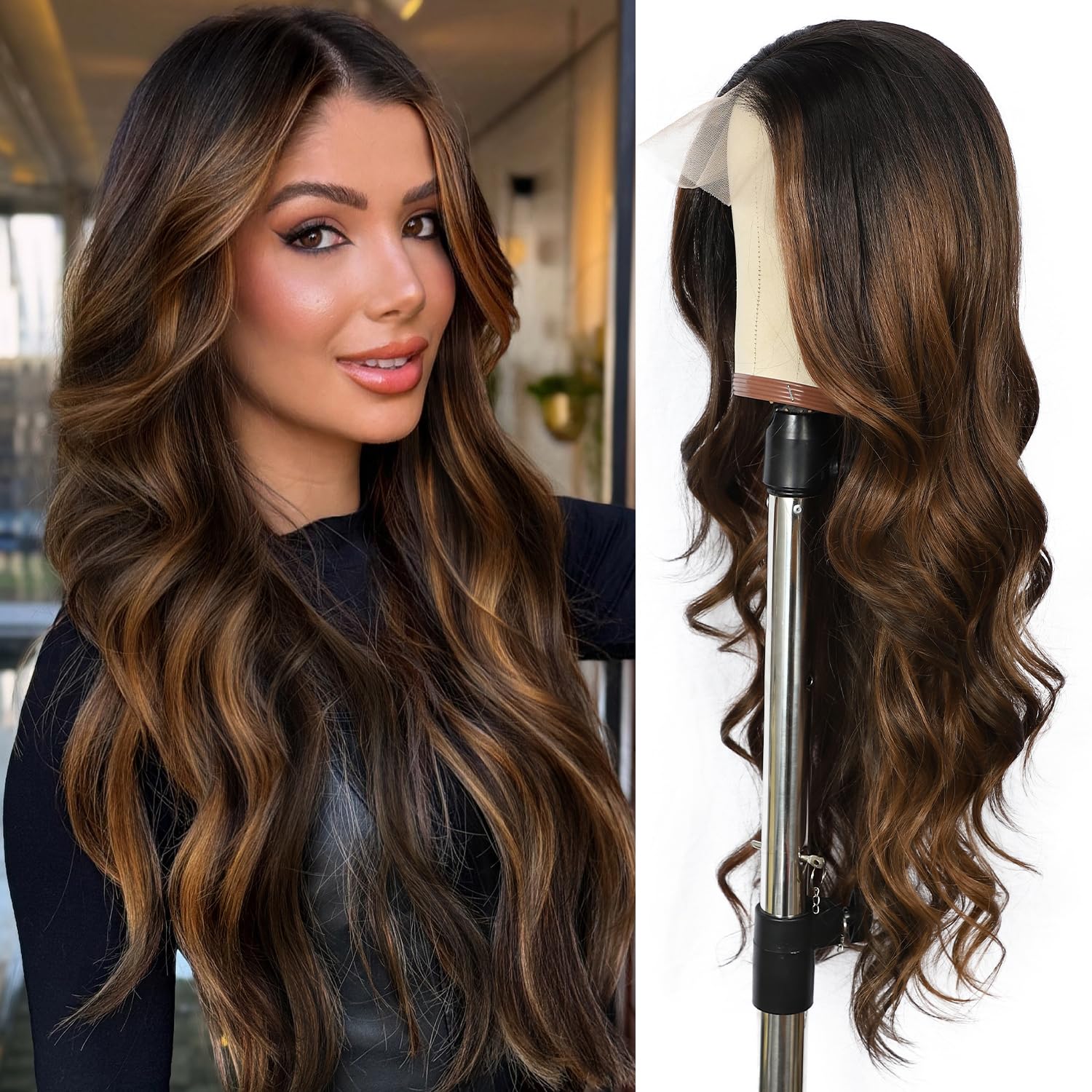 SOMIARIK Ombre Dark Brown Wavy Wig for Women 13x4 Transparent Lace Front Long Dark Brown Wigs Middle Part Wavy Wig Natural Looking Synthetic Heat Resistant Fiber Wig for Daily Party Use 26 Inch