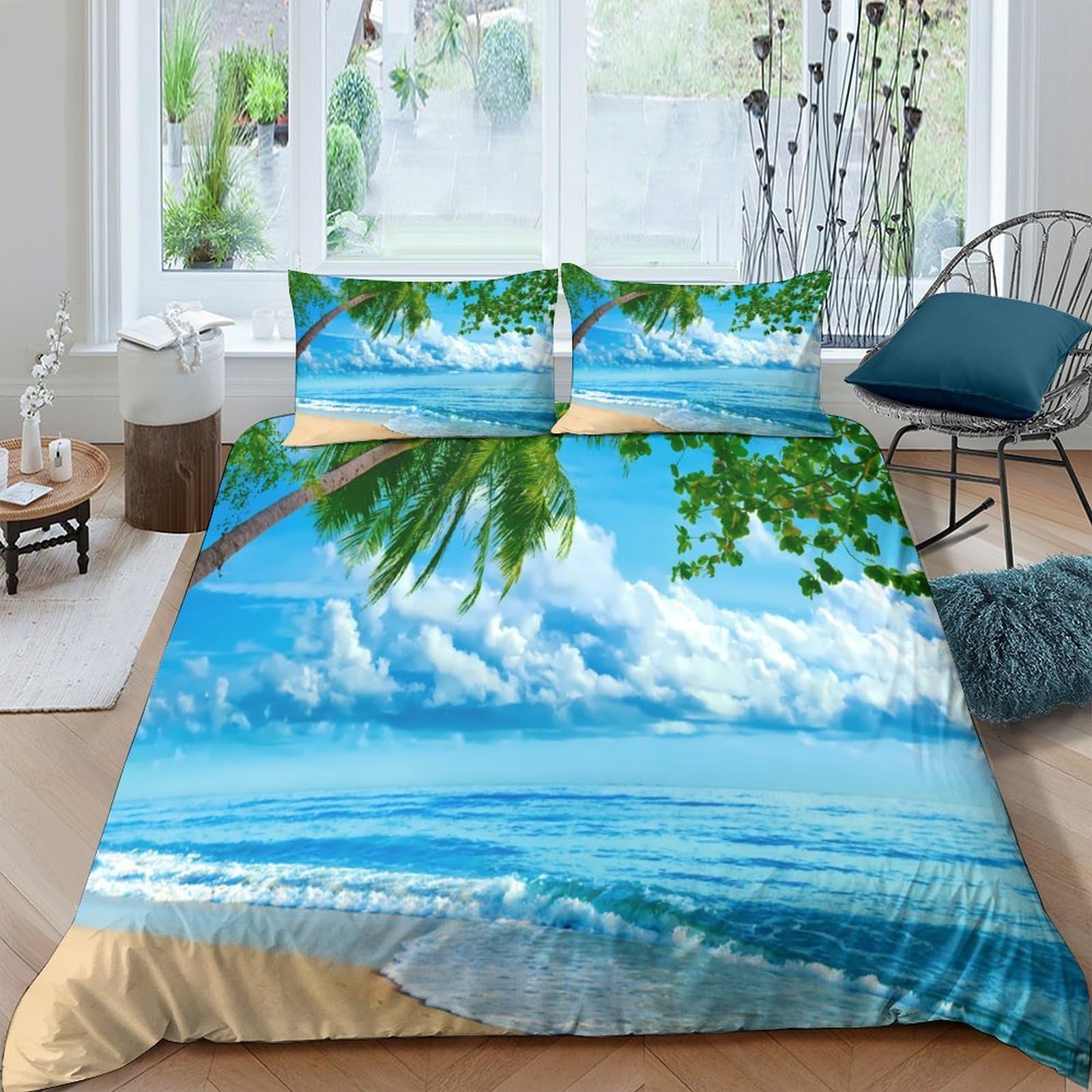 GPLZQXKJNH 3D Printed Tropical Beach Duvet Cover Microfiber Soft Breathable Palm Ocean Bedding Set with 2 Pillowcases for Bedroom Decor Single（135x200cm）
