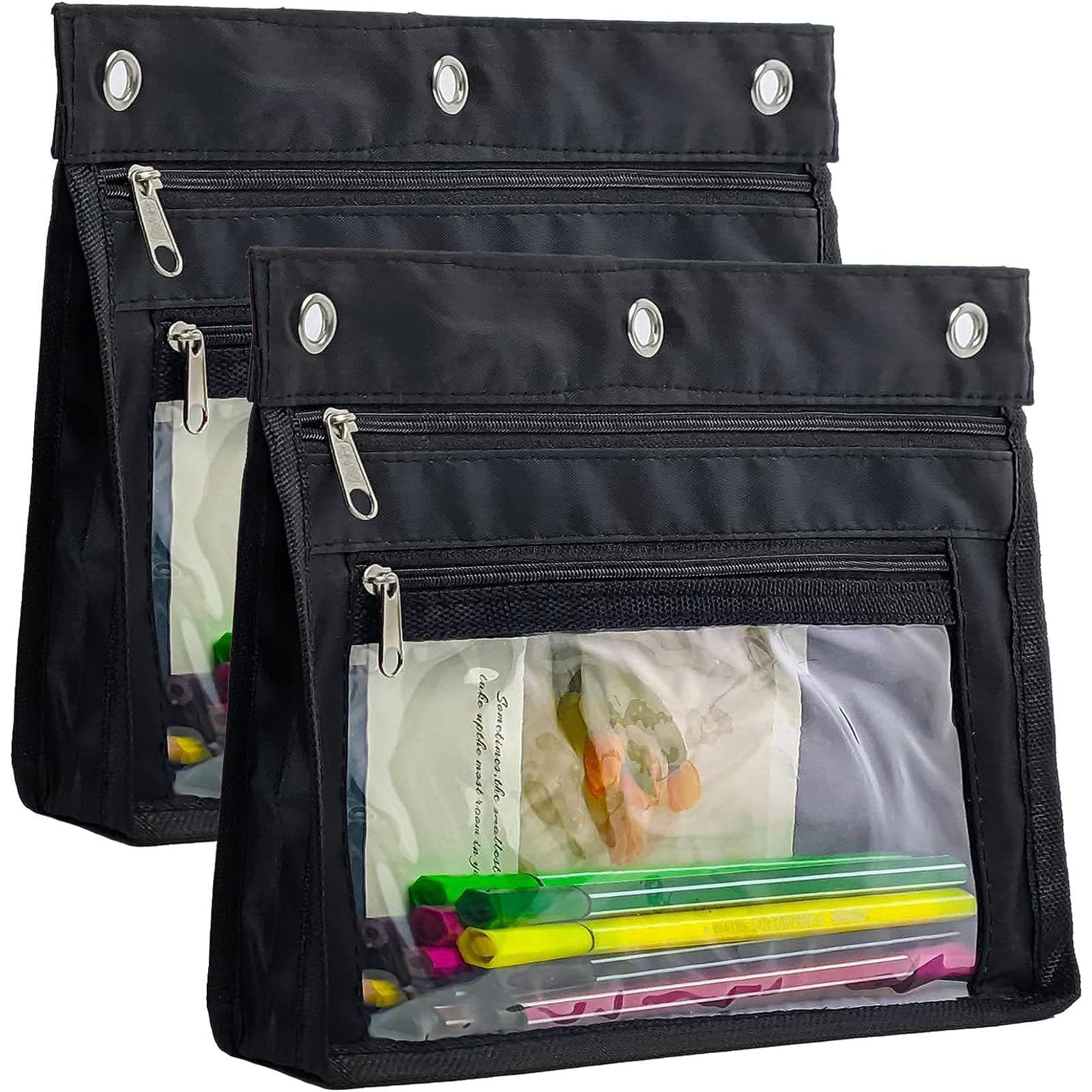 Tazweeq2 Pack Pencil Pouch for 3 Ring Binder, Expandable Binder Pouches with Zipper, Zipped Large Capacity Pencil Pouch, 3 Ring Clear Binder Pencil Case for School and Office, Black