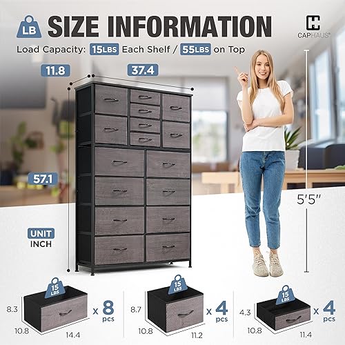 Miniatura 3 de CAPHAUS Torre de almacenamiento de cajones con 16 cubos de tela, almacenamiento de lavandería, unidad de clasificación, cómoda, organizador con