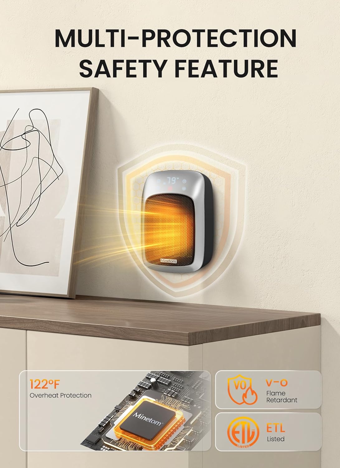 Minetom 800W Plug-in Space Heater, Portable Wall Outlet Heater With Adjustable Thermostat, Remote, ECO Mode, 12H Timer, LED Display for RV, Home Office, Bathroom Indoor Use