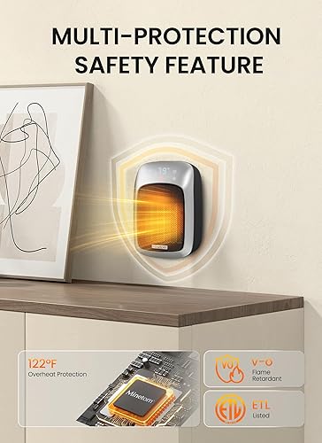 Miniatura 6 de Minetom Calentador de espacio enchufable de 800 W, calentador de pared portátil con termostato ajustable, control remoto, modo ECO, temporizador de