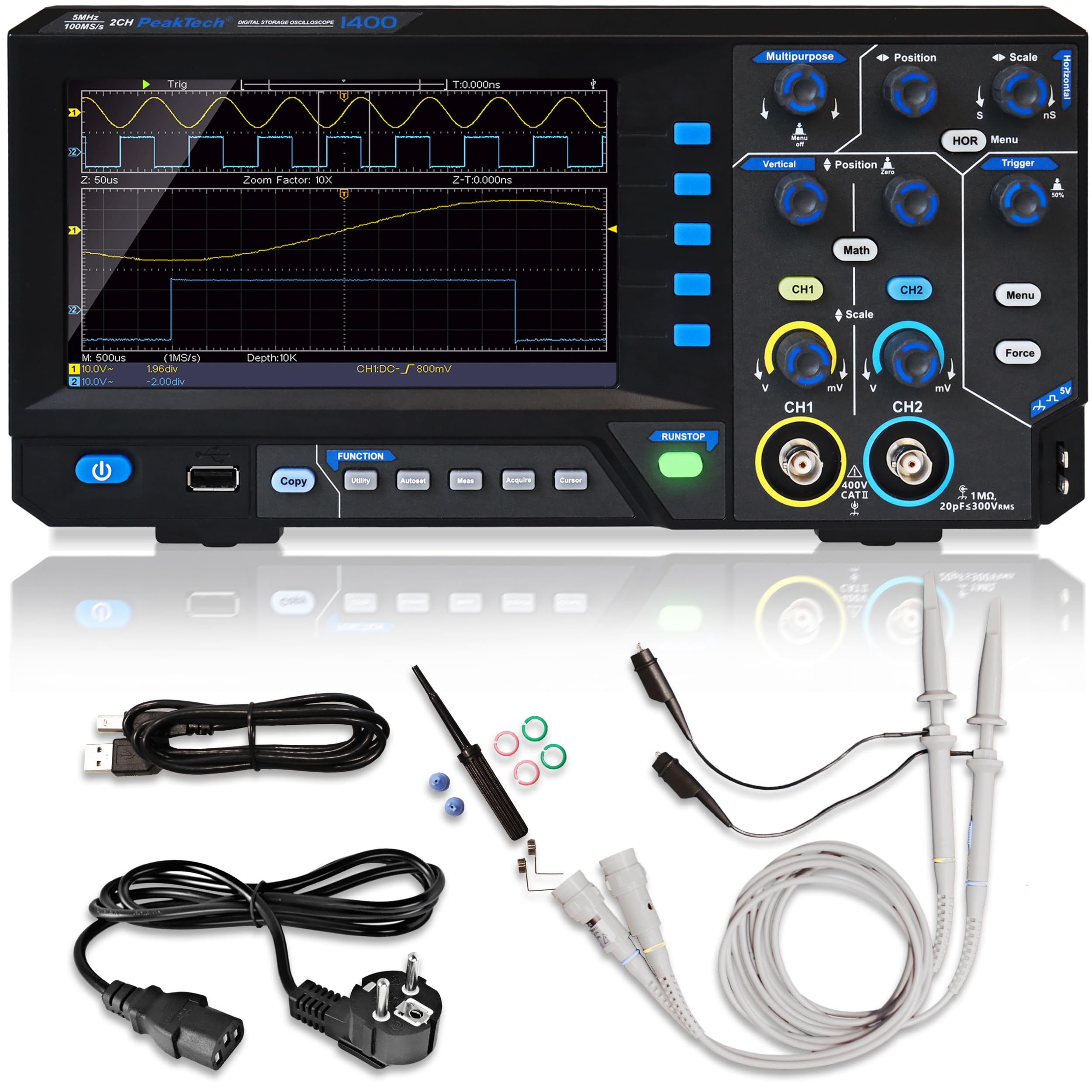 PeakTech P 1400 - Kompaktes Digitales Oszilloskop 2 Kanal - Oscilloscope 5 MHz Bandbreite - schnelle 100 MS/s Sampling-Rate - USB-Anschluss, inklusive PC-Software, XY-Darstellung & Zoom - Schwarz
