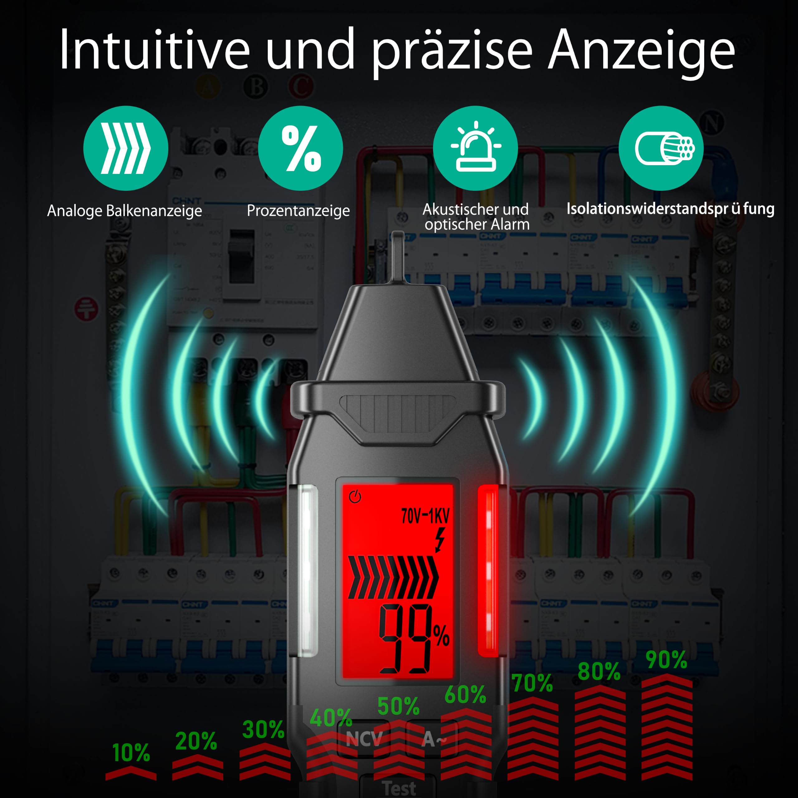 NCV Spannungsprüfer Berührungslos 12/70V - 1000V mit Taschenlampe | Messung des Stromwerts für mehradrige Leitungen, Mit Bruchpunkterkennung und Prozentanzeige, LED-Taschenlampe