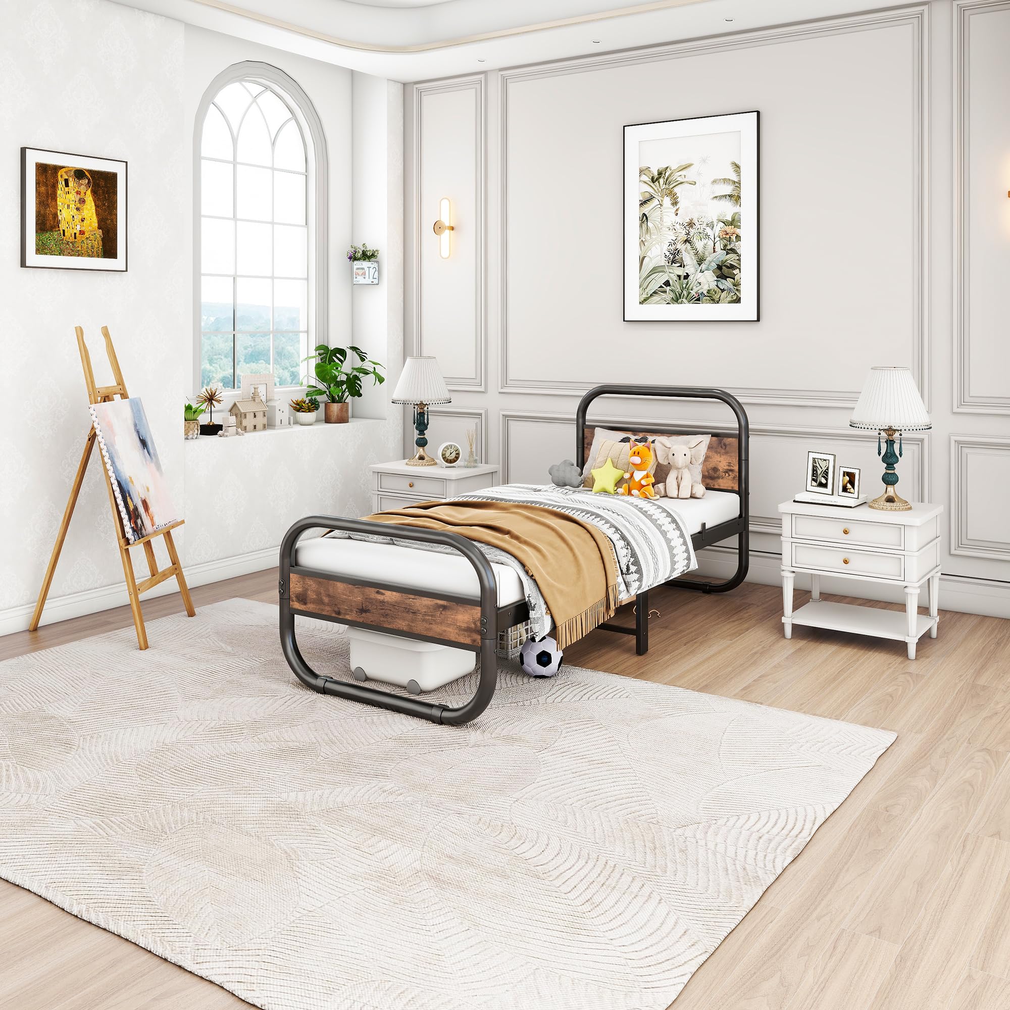 HOMERECOMMEND Łóżko 90 x 200, rama łóżka z metalu i drewna ze stelażem, łóżko metalowe, 90 x 200 cm, kolor czarny i brązowy