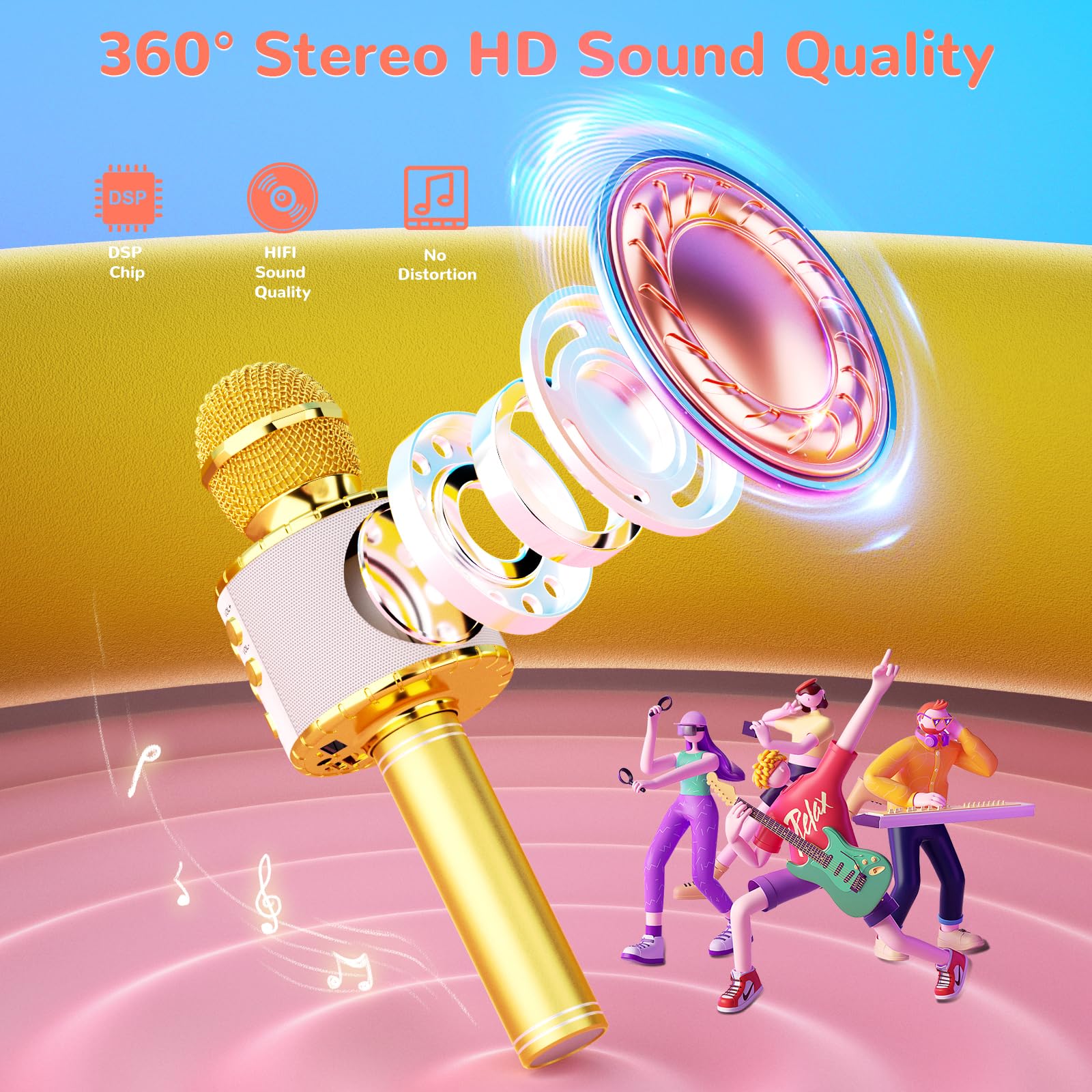 Ankuka Microfono Karaoke Bluetooth Wireless Microfono Bambini Regalo per Bambini 3-12 Anni Microfono Giocattolo Cambia Voce, Compatibile con Android, iOS, PC Oro