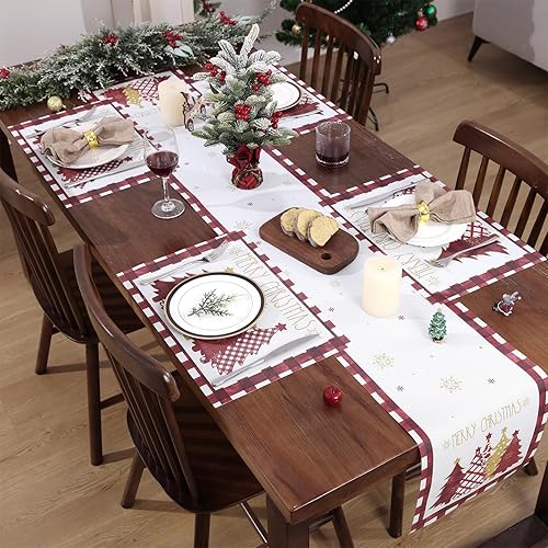 U'Artlines Waterclor Buffalo - Juego de manteles individuales y camino de mesa de árboles de Navidad a cuadros, vinilo antideslizante, decoración de