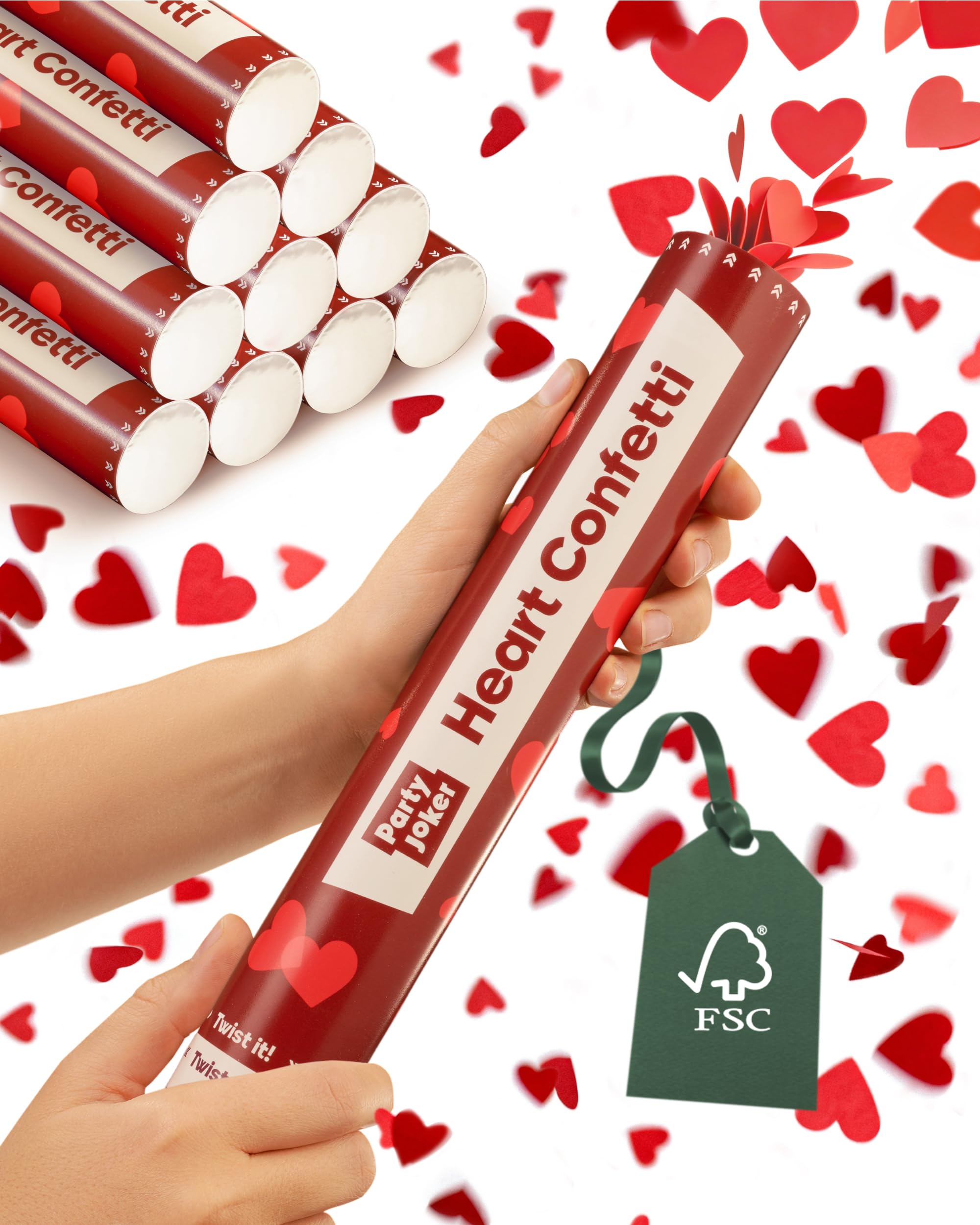 Set di 5 cannoni spara coriandoli cuori rossi XXL, FSC certificato, getto 5-8 metri, ideale per matrimoni, compleanni, feste, eventi speciali, facile e sicuro da usare