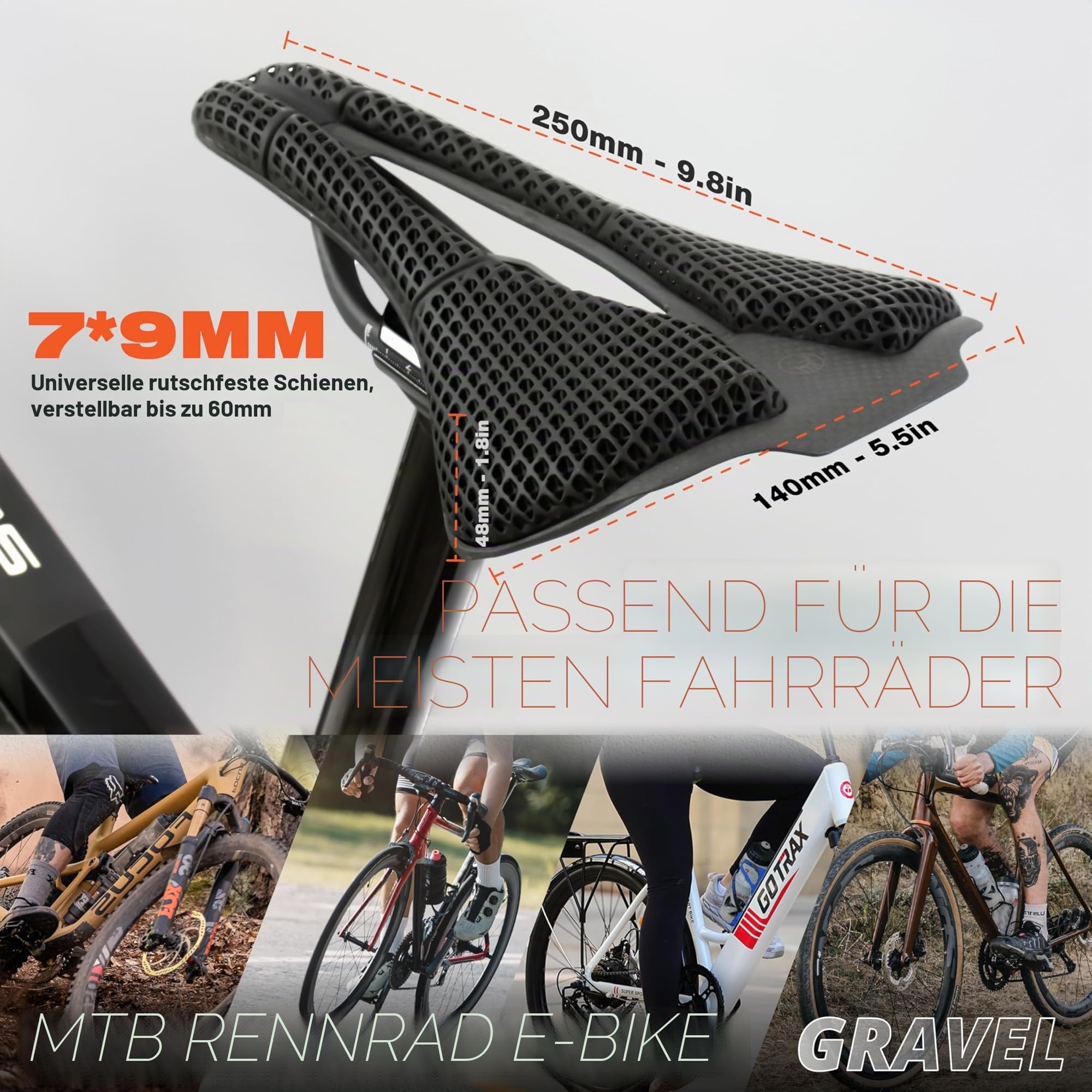 IMPALAPRO Carbon Sattel 3D Druck Ultraleicht 250x140mm — 3D Sattel Carbon T800 Hohe Härte — Fahrradsattel Carbon mit Ergonomischer Aussparung — Ovale Schienen 7x9mm