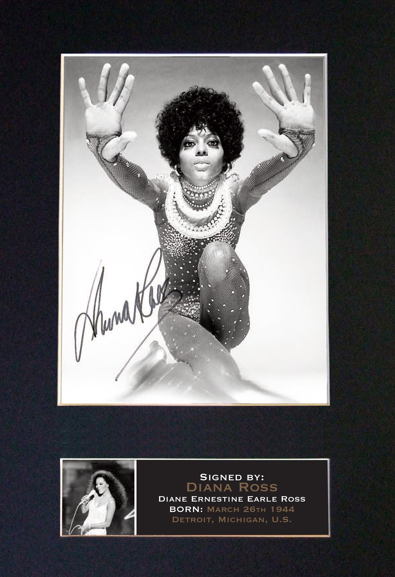 The Autograph Collector Gold,Black Diana Ross Signed Autograph Mounted Photo Reproduction Print A4 Very Rare (297 X 210Mm) #665 (Mount & Print (Not Framed))