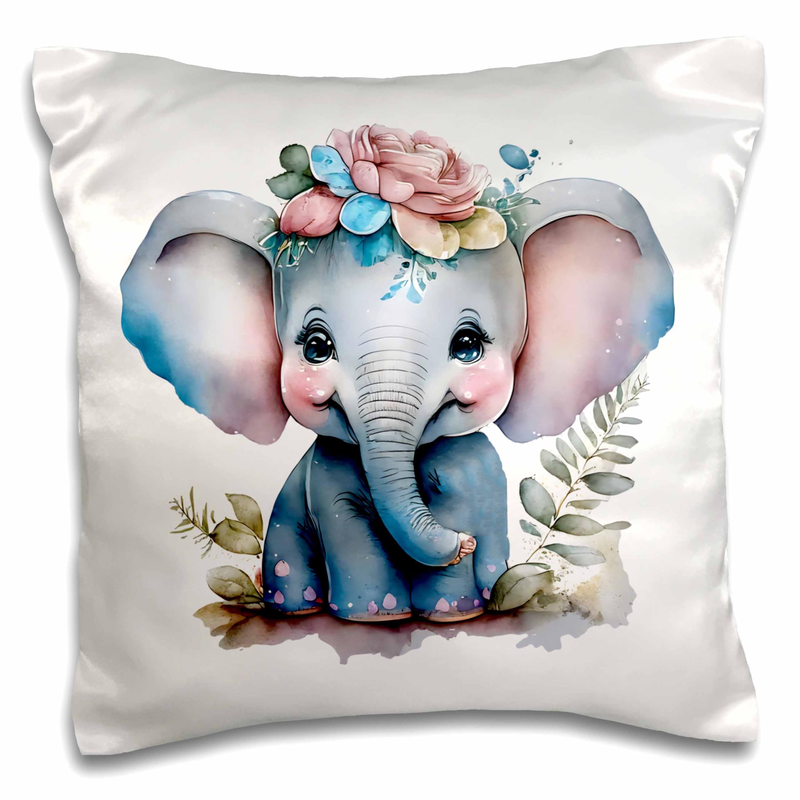 3dRose 16x16 inch Pillow Case - Cute Baby Floral Elephant Illustration Illustrations
