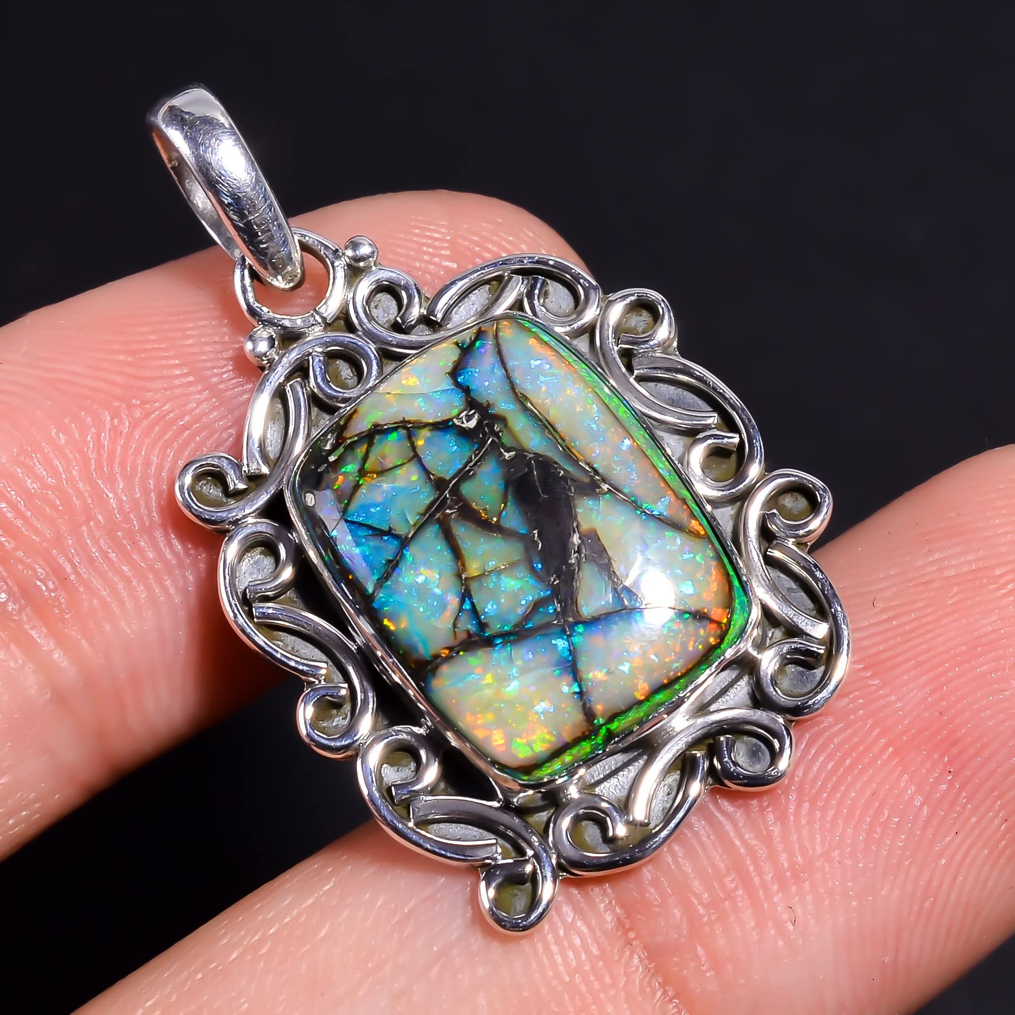 Aura Gems Monarch Opal Pendant Sterling Fire Play Opal Jewelry