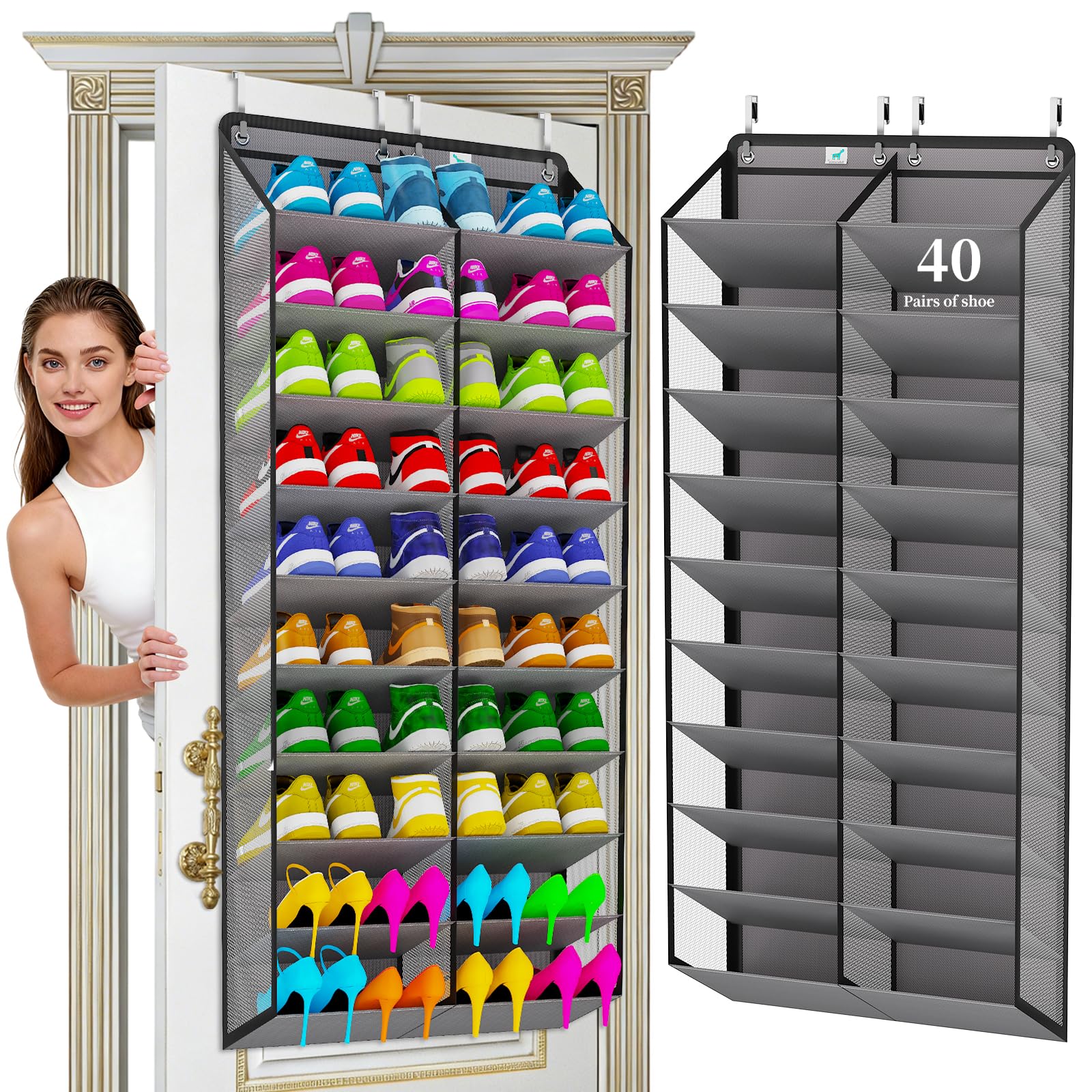 Heavy-Duty, over the door shoe organizer, Extra-Wide Large, shoe organizer, Holds 30 Pairs & Supports 100lbs, shoe rack, with Reinforced Grommets &