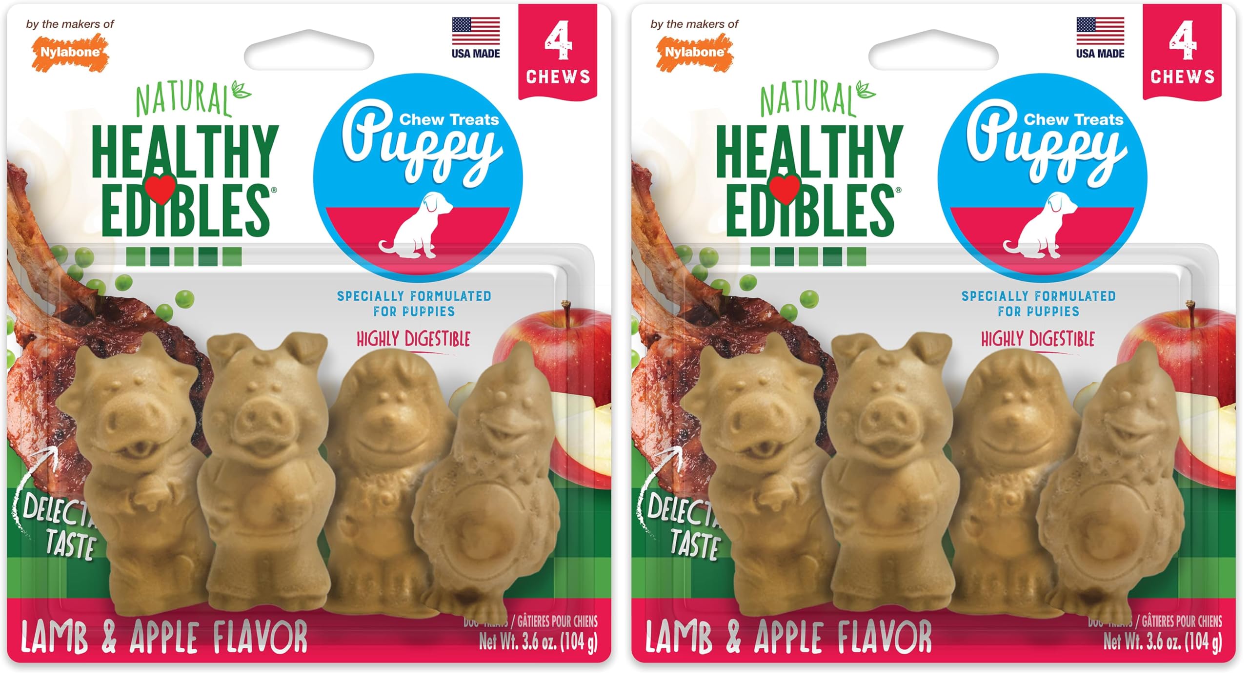Nylabone Healthy Edibles Natural Puppy Chews Long Lasting Treats for Puppies, Lamb &amp; Apple Flavor, Small/Regular (4 Count) (Pack of 2)