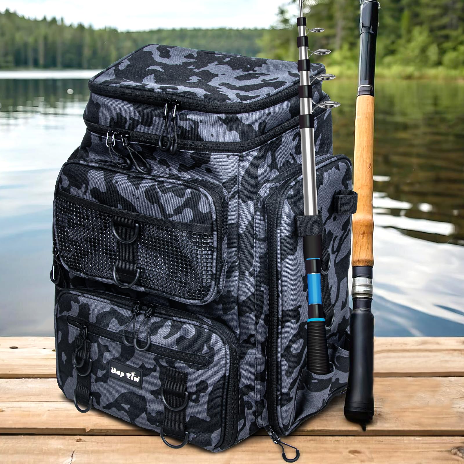 Hap Tim 42L Sac à Dos de pêche avec 2 Barres, Sac de pêche Multi-Poches, Accessoires d'équipement avec séparateur Amovible, Cadeaux pour Hommes pour Le Jour du Père Noël(FB-2308-CM-UE)