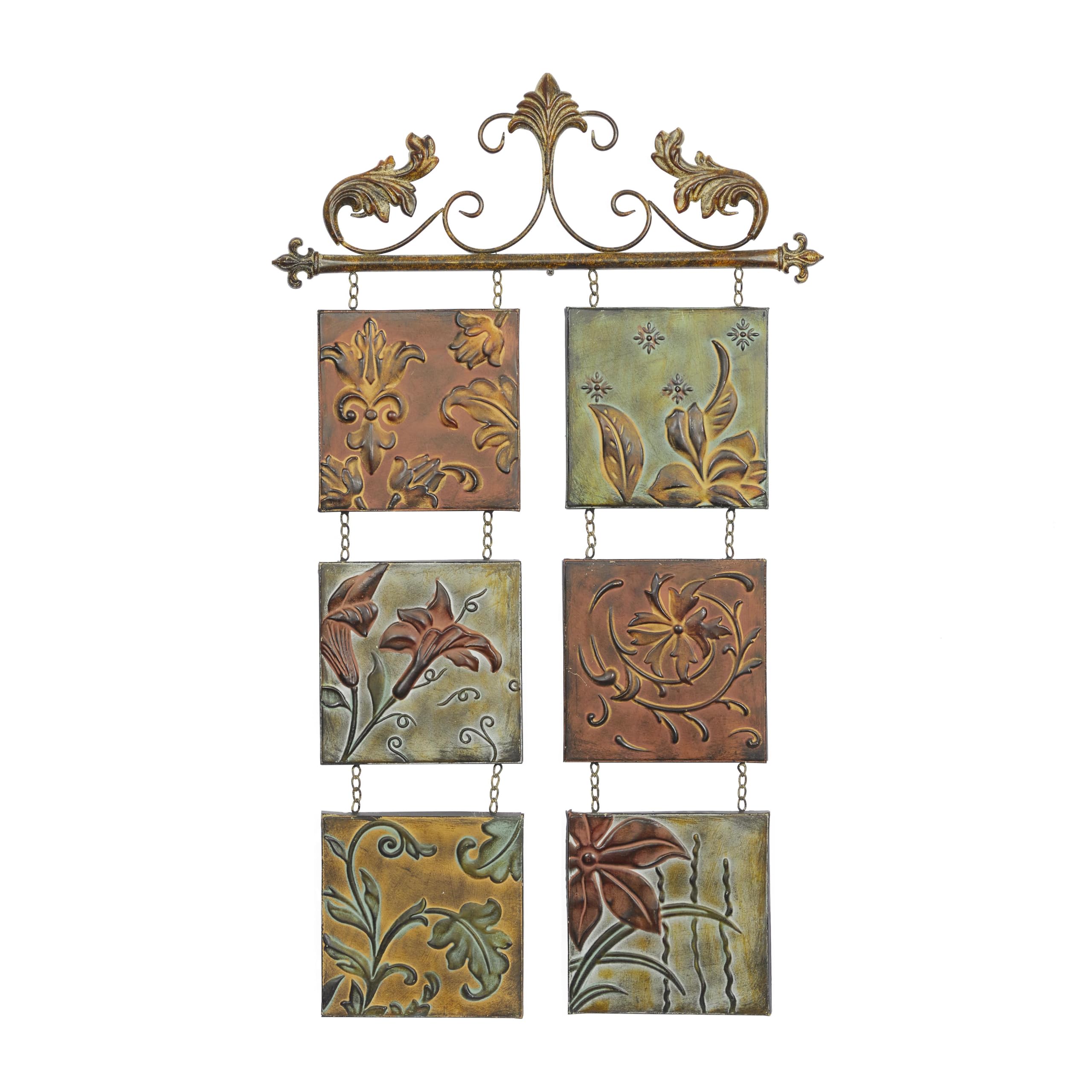deco 79 metal floral home wall decor embossed wall sculpture with 6 suspended panels and scroll details, wall art 23" x 1" x 40", multi colored