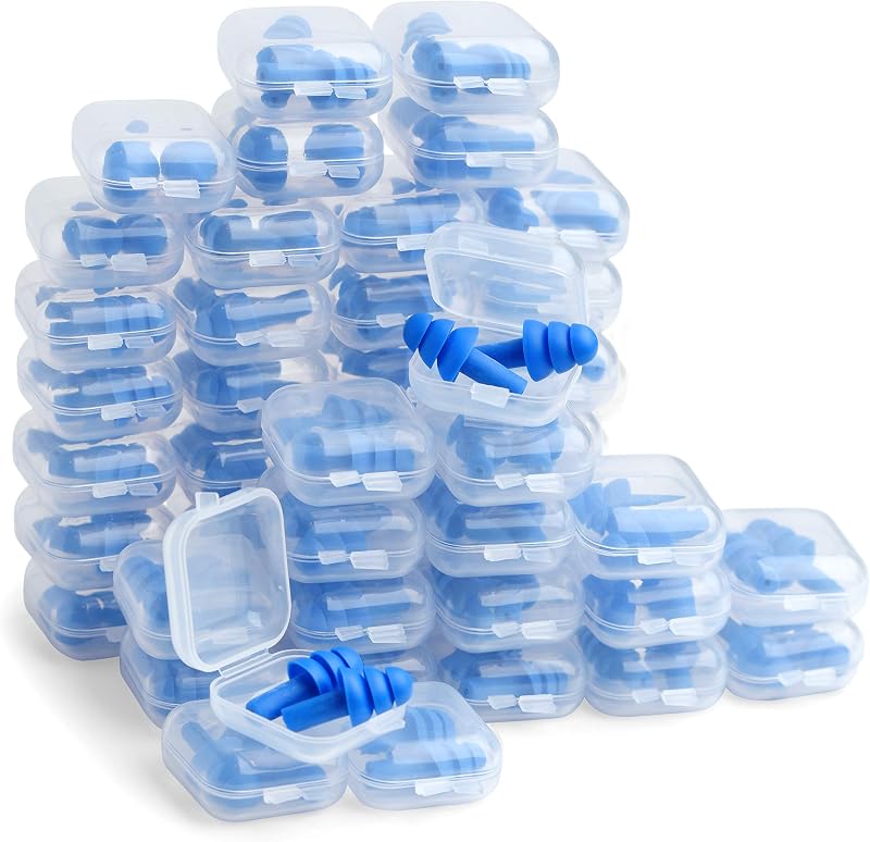 50 Pair Silicone Ear Plugs in Plastic Cases Soft Reusable Comfortable in Bulk Hearing Protection Water Earplugs Shower Diving Surfing Waterproof Sports Reusable Ear Plugs for Swimming Adults