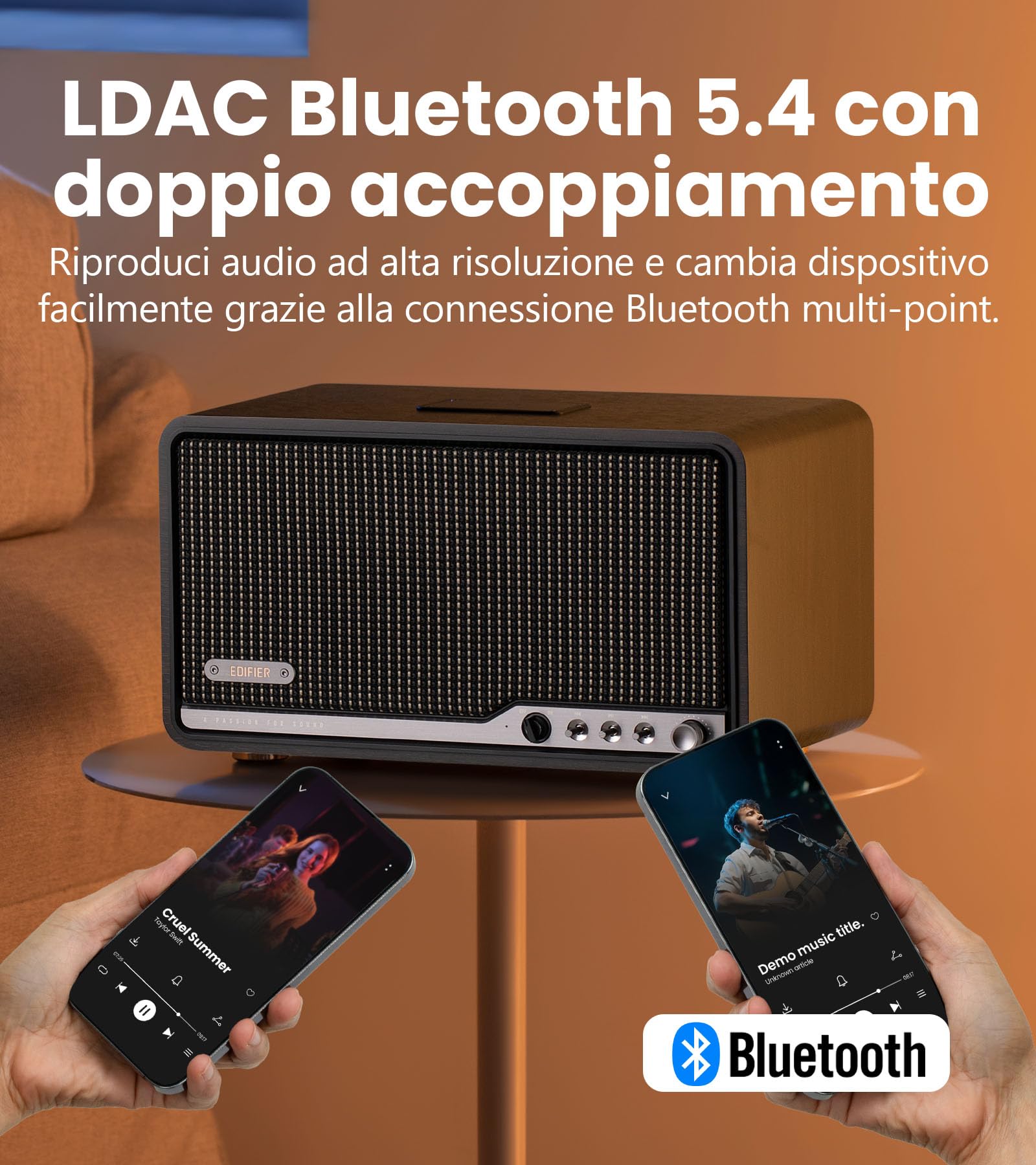Edifier S300 Altoparlante Retro da Tavolo, Audio Hi-Res Cablato e Wireless, Potenza 80W (RMS), Bluetooth 5.4 Multi-punto, WiFi Multi-stanza (AirPlay 2), Ingressi AUX e USB-C, Noce Nero